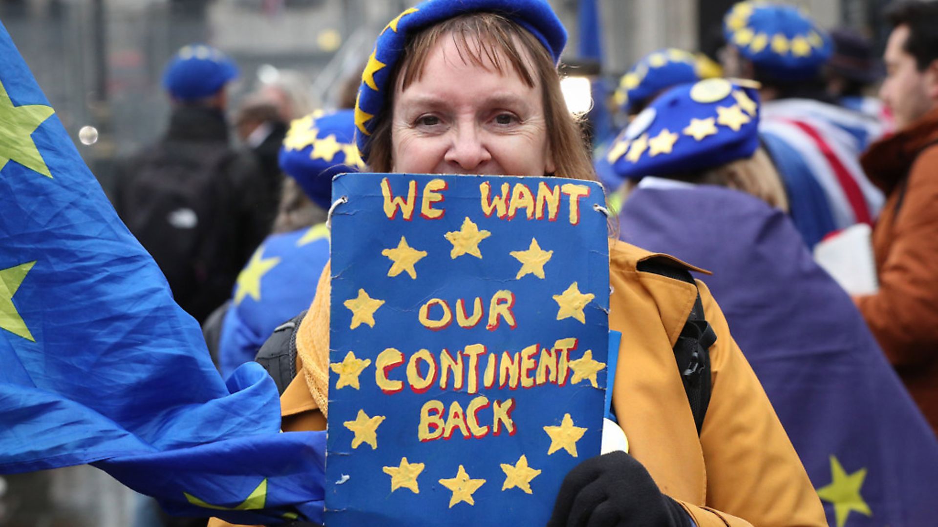 Pro-EU campaigners outside the Houses of Parliament ahead of Brexit day. Photograph: Dominic Lipinski/PA. - Credit: PA Wire/PA Images