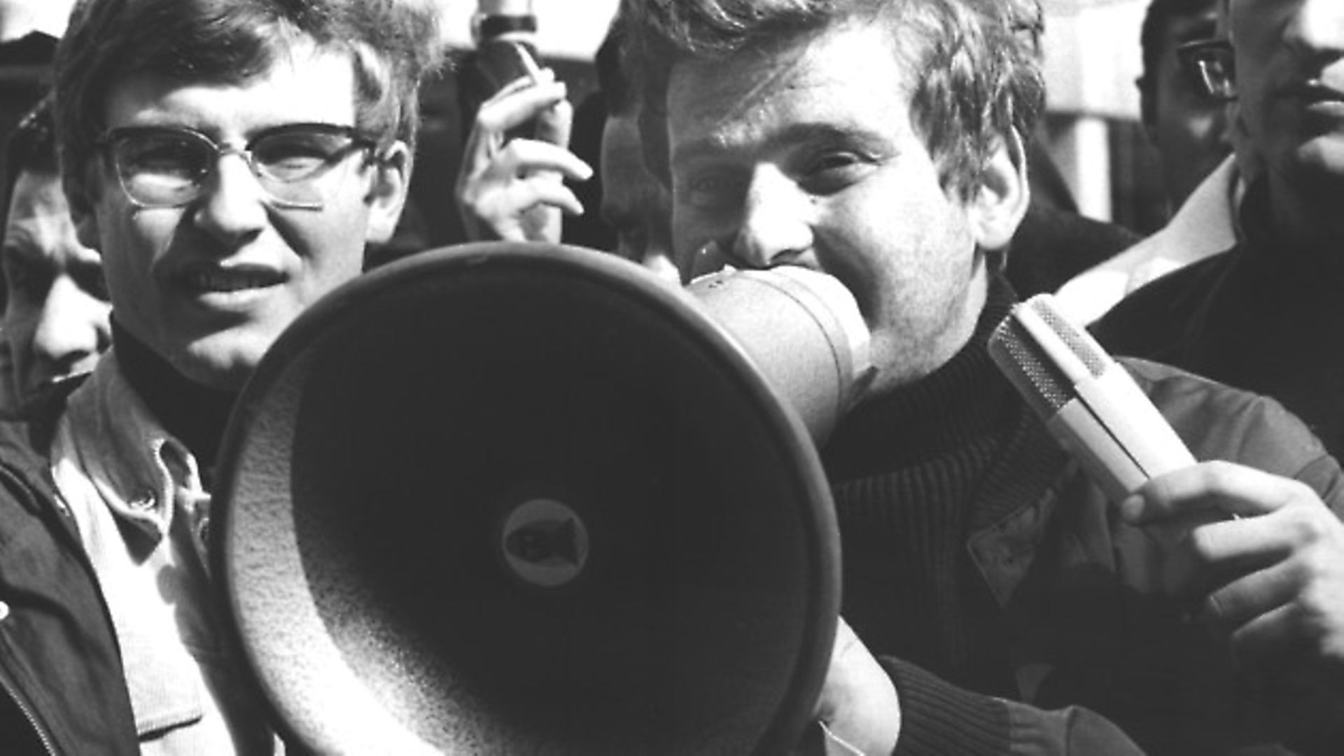 Student leader Daniel Cohn-Bendit (r) and Karl Dietrich Wolff (l) speak to the students of Frankfurt University on the 24th of May in 1968. (DPA/PA Images) - Credit: DPA/PA Images
