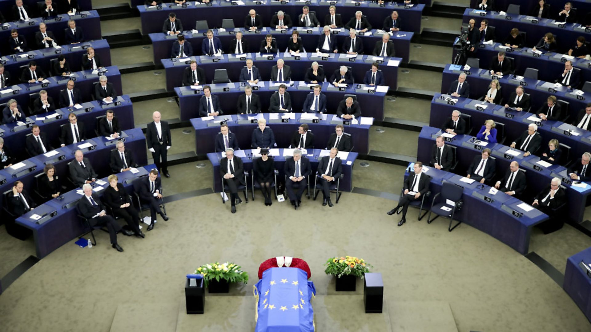 The coffin for late former chancellor Helmut Kohl at the European Parliament in Strasbourg. - Credit: DPA/PA Images