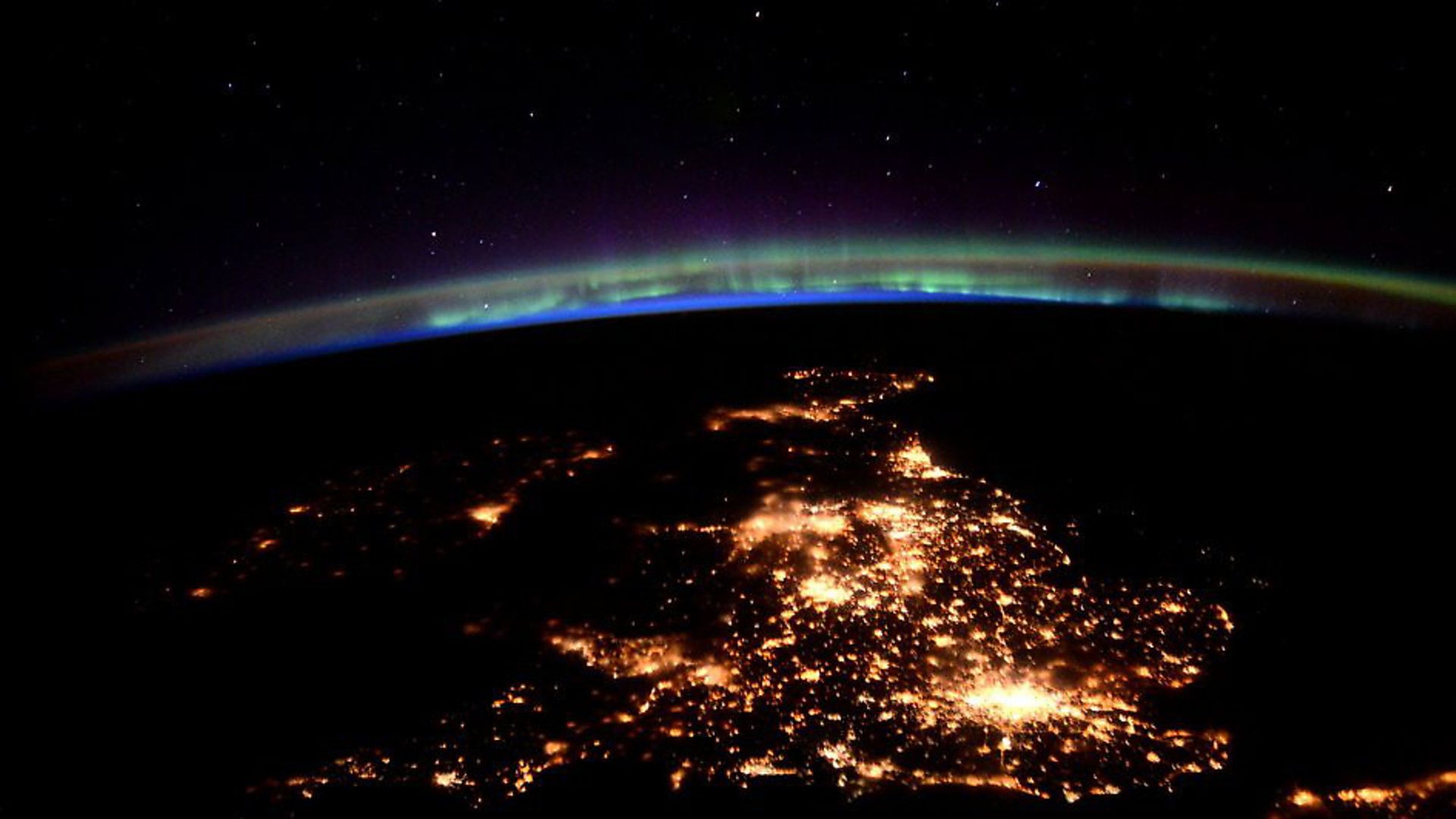 A picture of the UK and Ireland under the planet's aurora, taken by ESA astronaut Tim Peake during his mission on the International Space Station. Photo: ESA - Credit: Archant