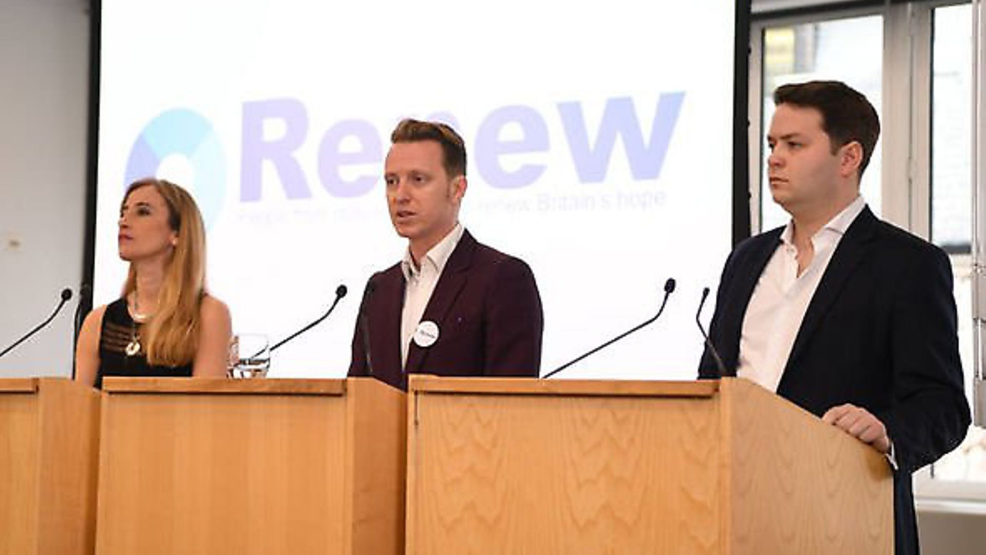 Sandra Khadhouri, James Clarke and James Torrance at the launch of new political party Renew. Photograph: PA. - Credit: Archant