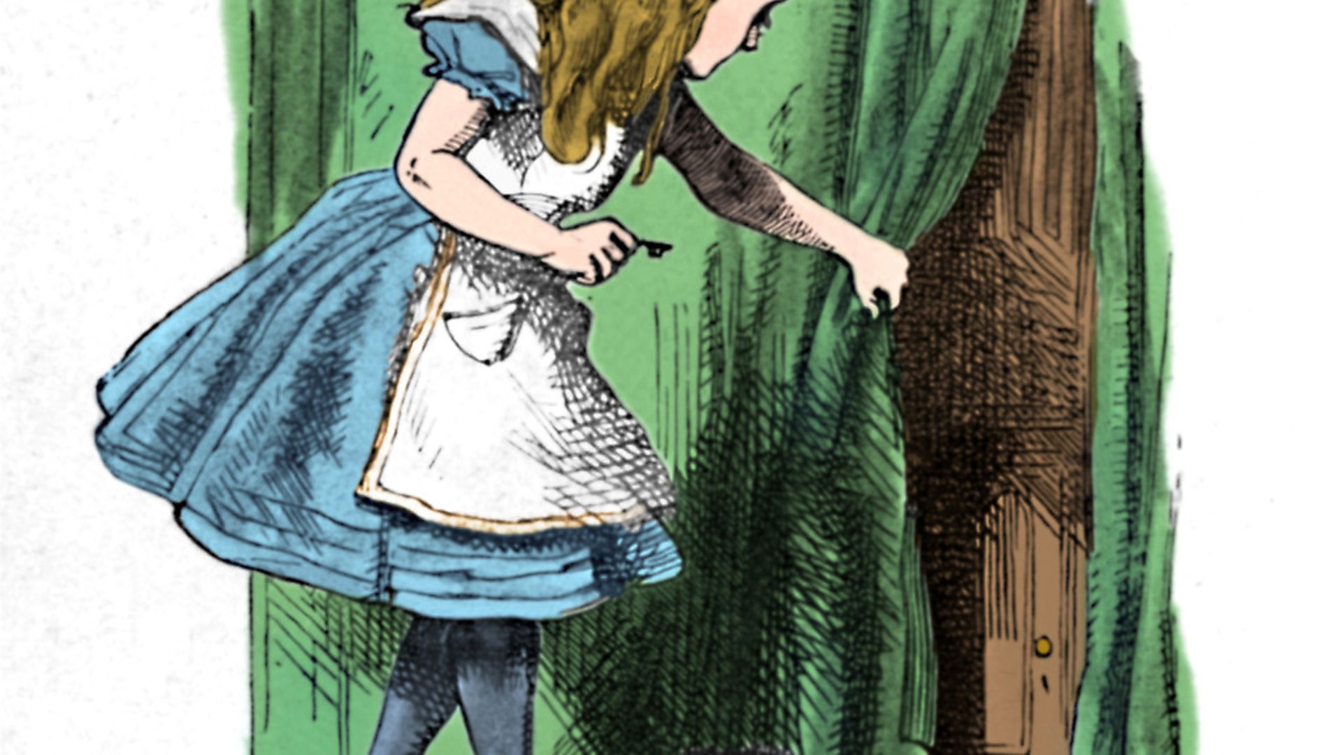 'Alice looking at a small door behind a curtain', 1889. Lewis Carroll's (1832-1898) 'Alice in Wonderland' as illustrated by John Tenniel (1820-1914). From Alice's Adventures in Wonderland by Lewis Carroll. [Macmillan & Co., New York, 1889].  (Colorised black and white print).

Credit: Heritage Images/Cover Images - Credit: Heritage Images/Cover Images