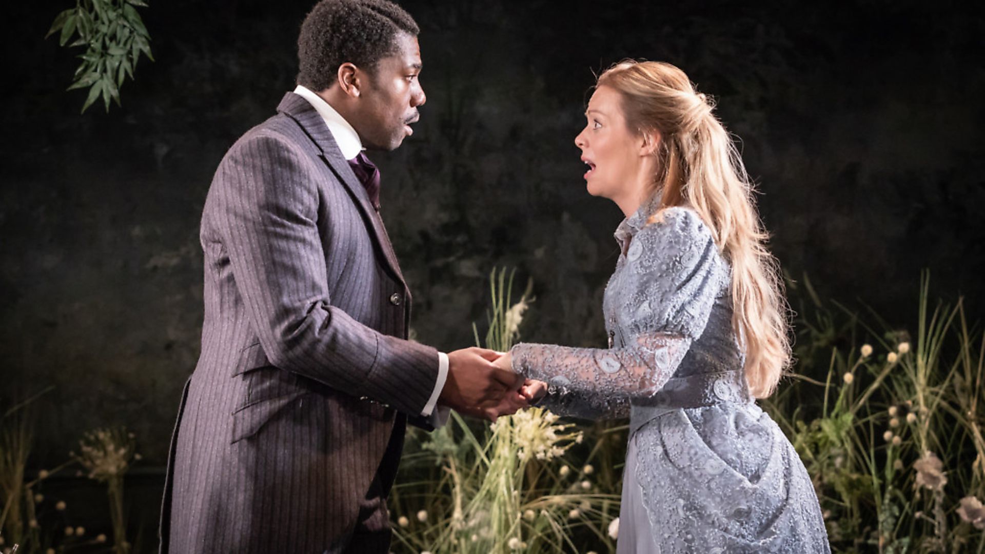 Fehinti Balogun as Algernon and Fiona Button as Cecily Cardew in The Importance of Being Earnest at the Vaudeville Theatre. 
Picture: Marc Brenner - Credit: Archant