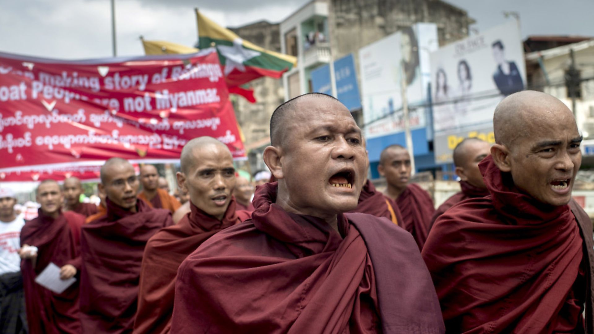 Buddhist monks demonstrate against the return of Rohingya Muslims in Yangon, Burma. . Photo by Jonas Gratzer/Getty Images. - Credit: Getty Images