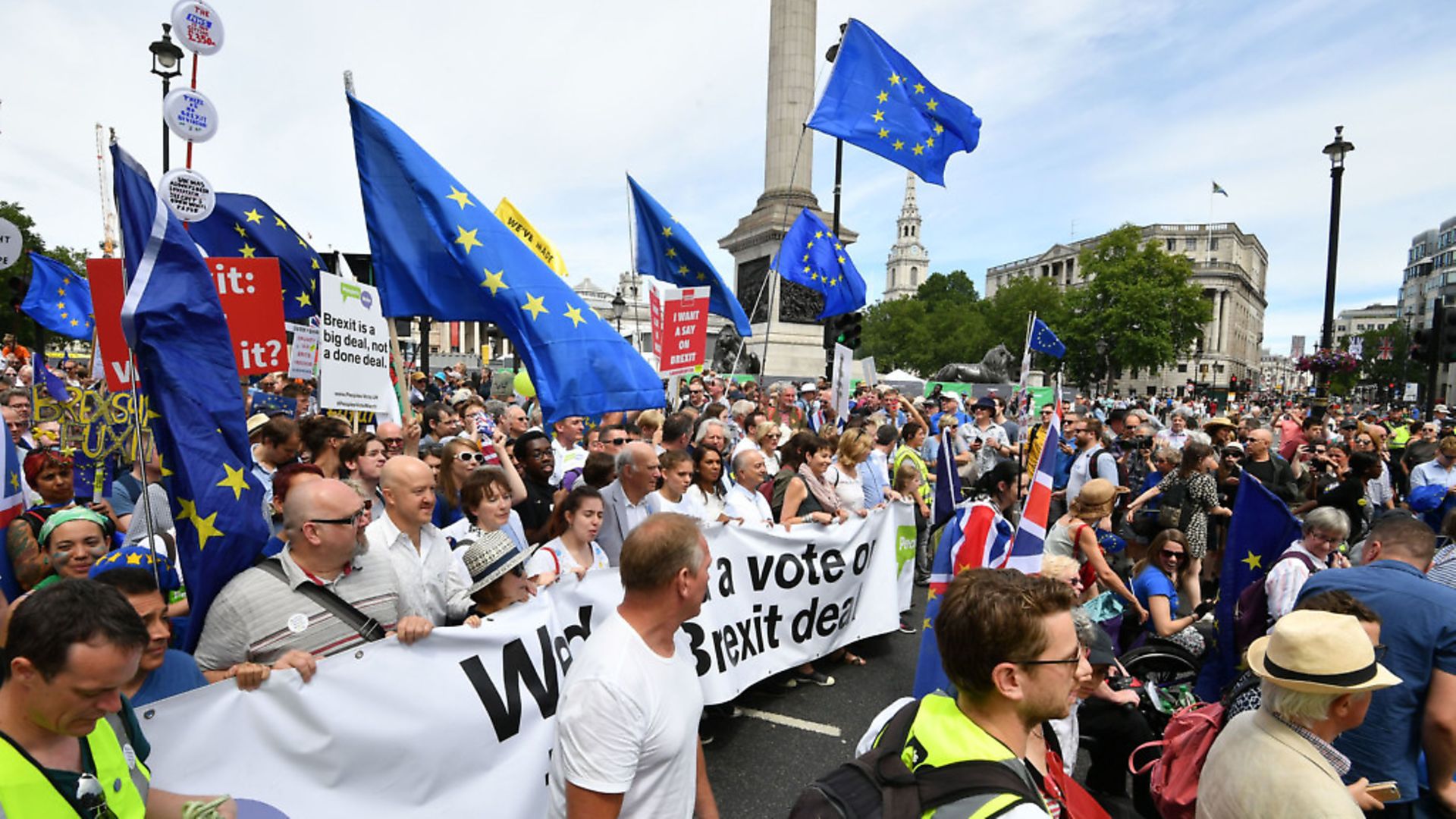 Vince Cable MP, Pro-EU campaigner Gina Miller, Tony Robinson and Caroline Lucas MP join with crowds taking part in the People's Vote march for a second EU referendum at Trafalgar Square in central London. - Credit: PA Wire/PA Images
