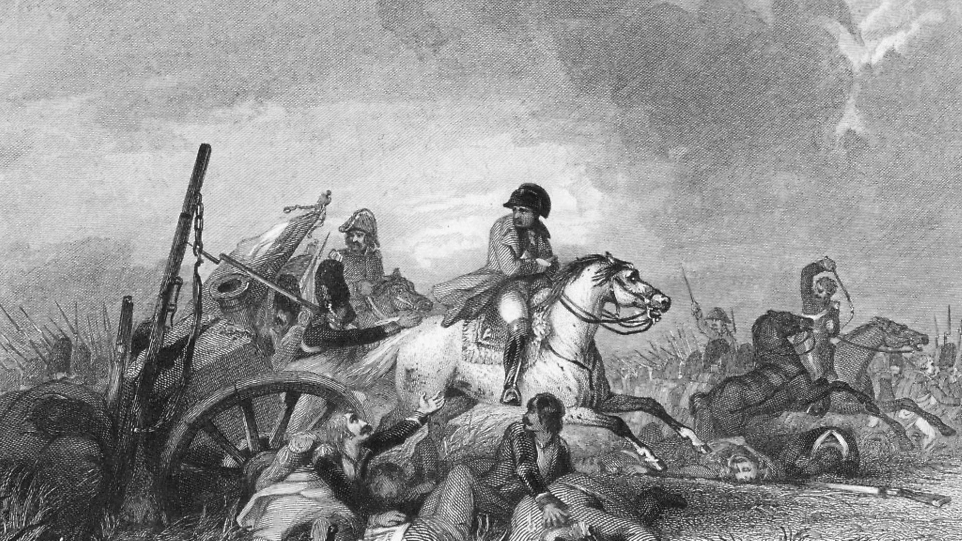 French Emperor Napoleon Bonaparte flees the pursuing allied troops after he is defeated at the Battle of Waterloo, 1815. An engraving from an original work by John Gilbert. Picture: Hulton Archive/Getty Images - Credit: Getty Images