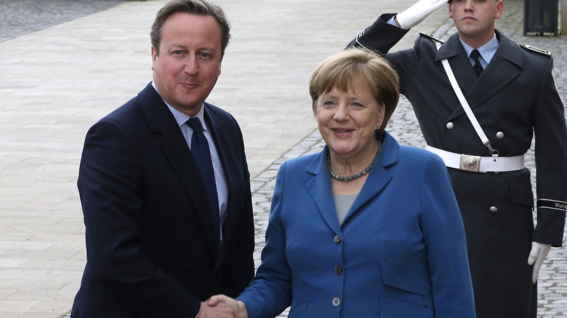 Britain's Prime Minister David Cameron is welcomed by German Chancellor Angela Merkel at Herrenhausen Palace in Hannover, northern Germany, Monday, April 25, 2016. Picture: AP Photo/Michael Sohn - Credit: AP