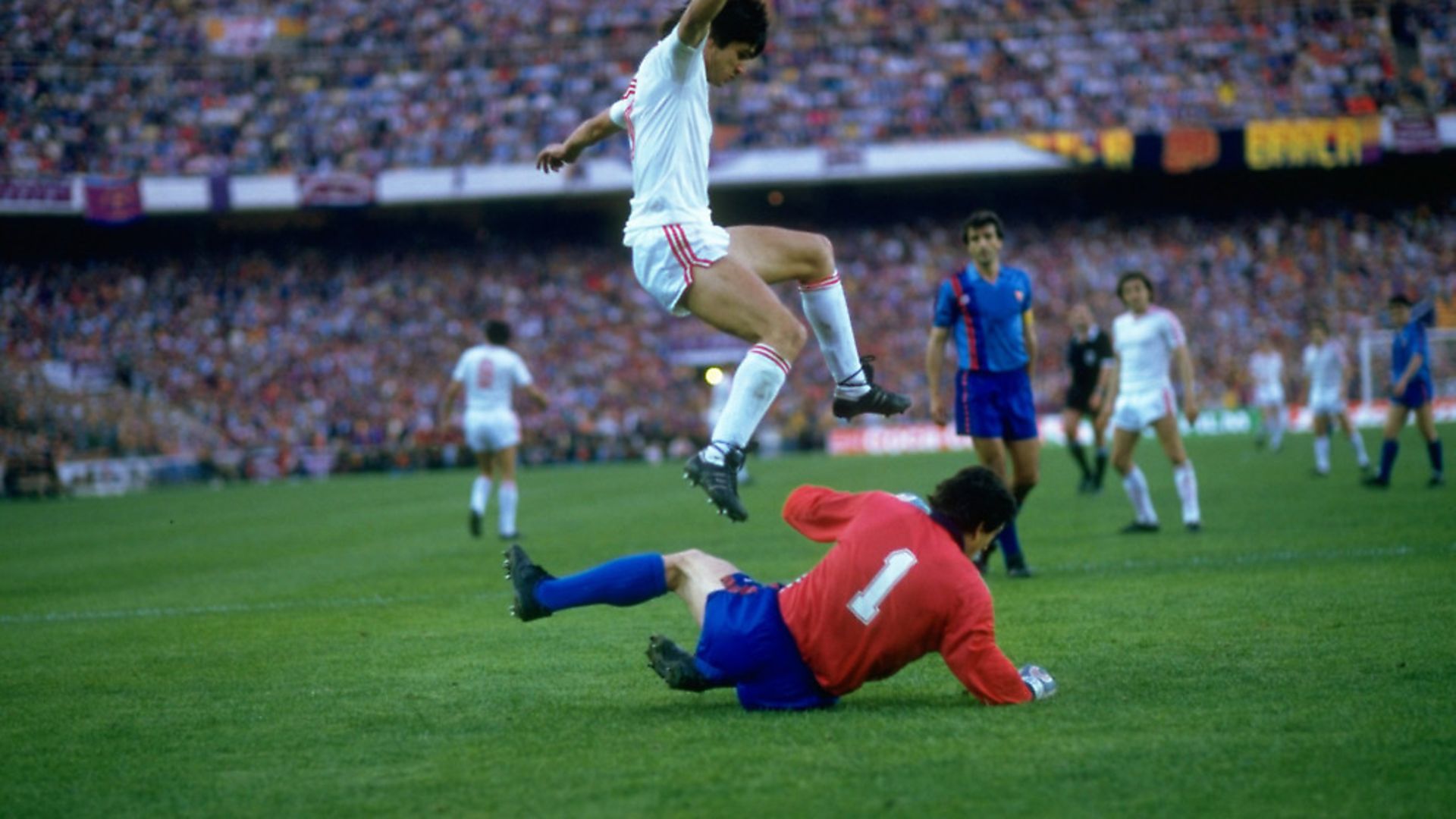 Fallen giants: Barcelona goalkeeper Urruti foils Steaua Bucharests Marius Lacatus during the Romanian clubs European Cup final triumph in Seville in May 1986. Photo: David Cannon/Allsport - Credit: Getty Images
