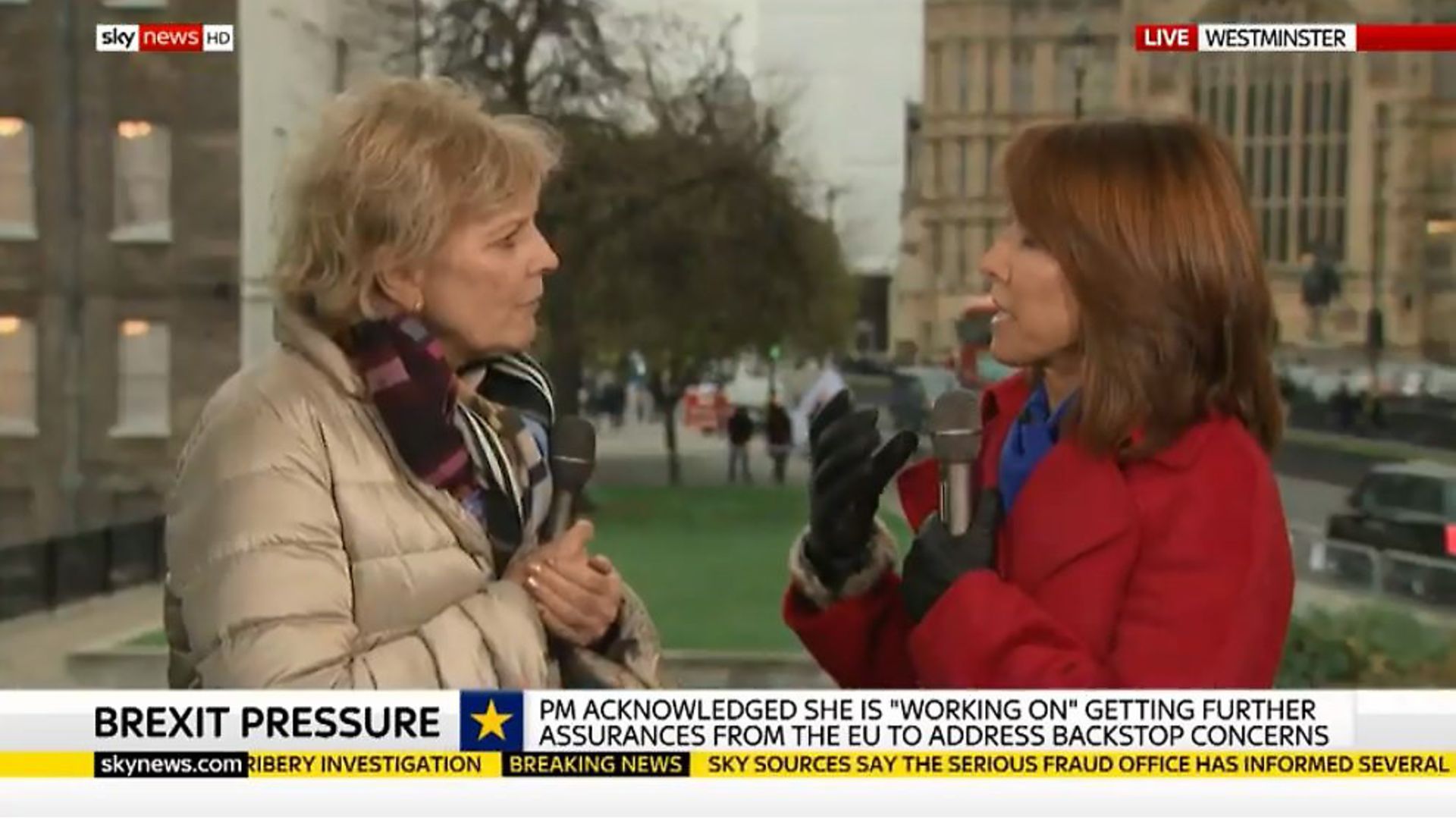 Anna Soubry struggles to hear in live television interview on Sky News as protesters shout 'liar' at the MP. Photograph: Sky. - Credit: Archant