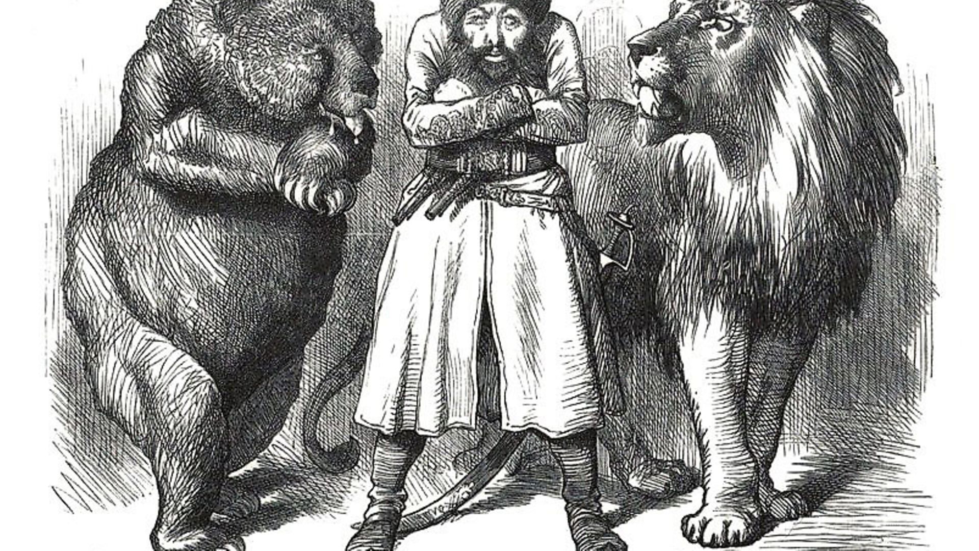 A history of violence: Afghan Emir Sher Ali Khan stalked by the Russian bear and British lion in the Great Game cartoon from 1878. - Credit: Archant