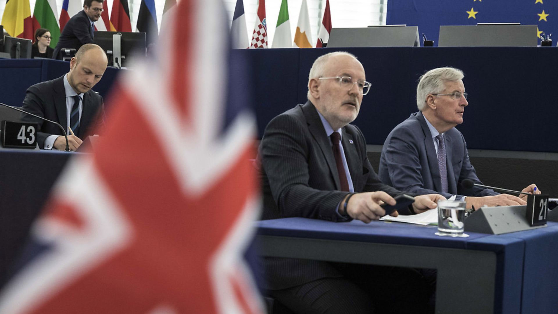 European Union's Frans Timmermans, first vice president of the Commission, center left, and European Union's chief Brexit negotiator Michel Barnier, right. (AP Photo/Jean Francois Badias) - Credit: AP