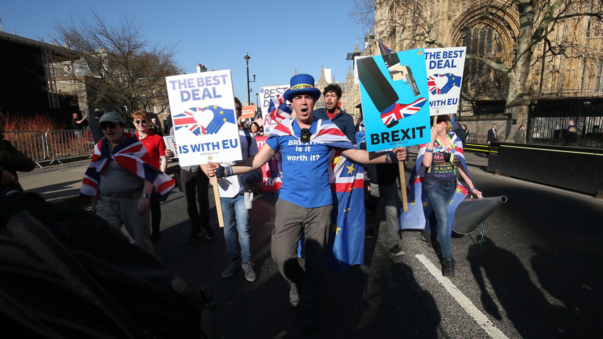 Steve Bray joins anti-Brexit demonstrators outside parliament. Photograph: Jonathan Brady/PA Wire - Credit: PA