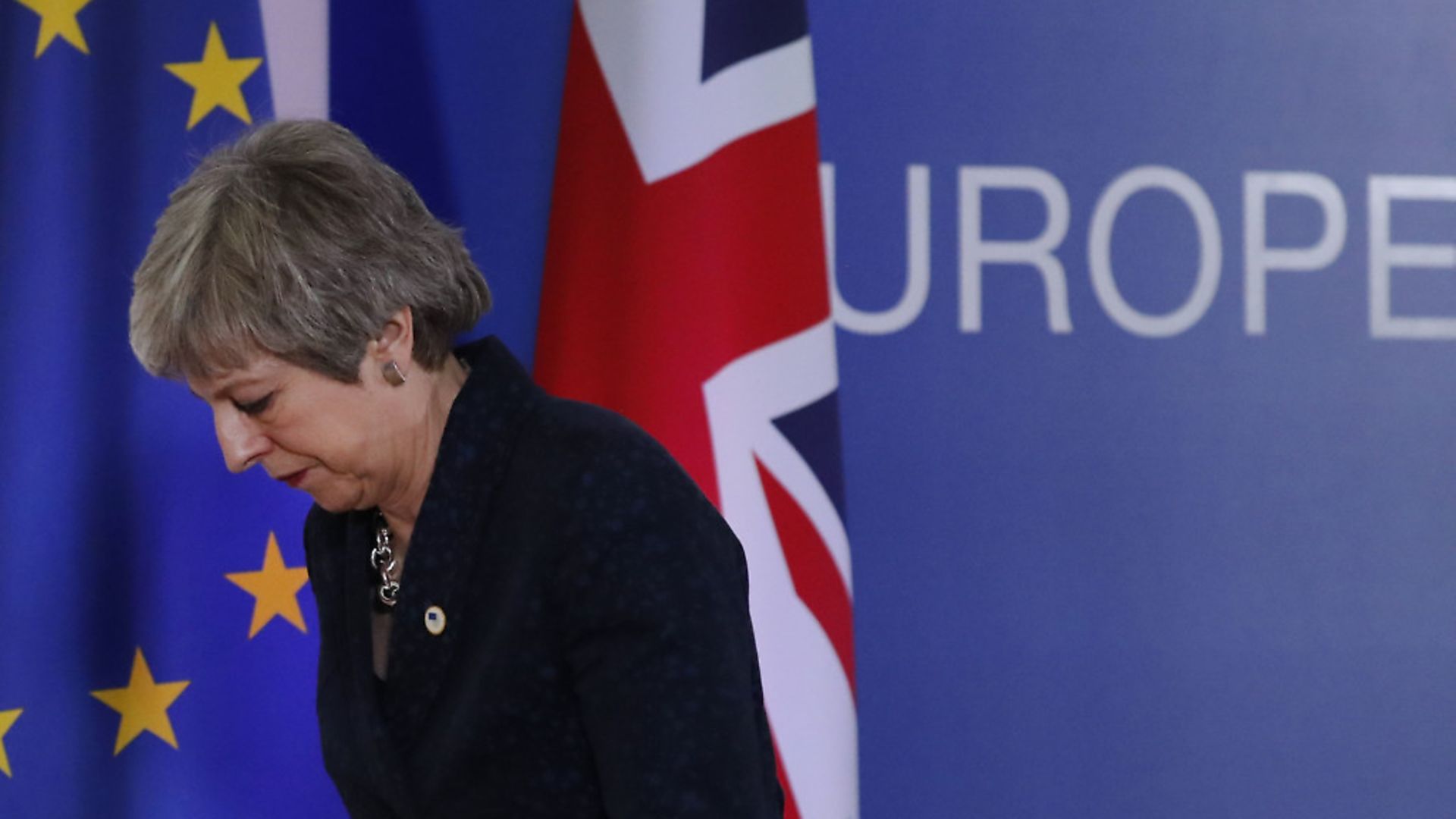 British Prime Minister Theresa May leaves after addressing a media conference at an EU summit in Brussels. (AP Photo/Frank Augstein) - Credit: AP