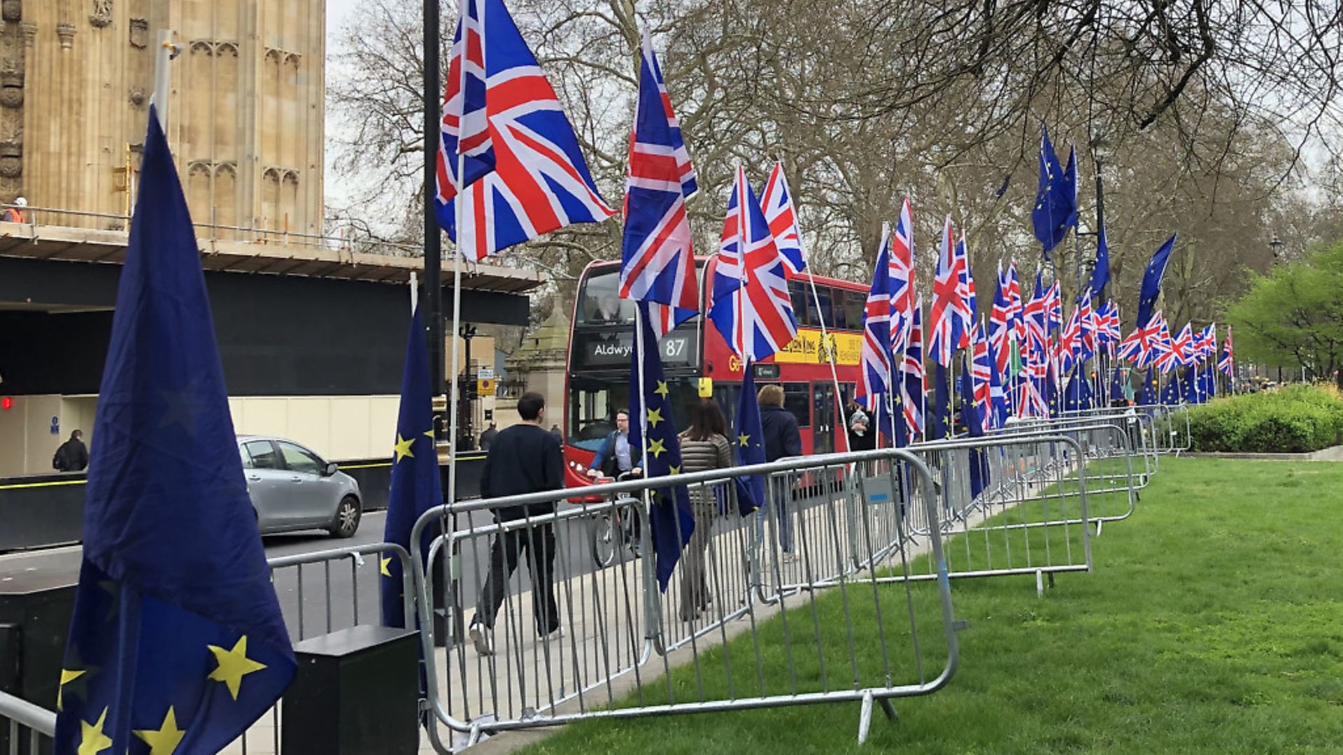 A row of Union flags in a spot usually occupied by EU flags opposite the Houses of Parliament. Photograph: Ted Hennessey/PA Wire. - Credit: PA