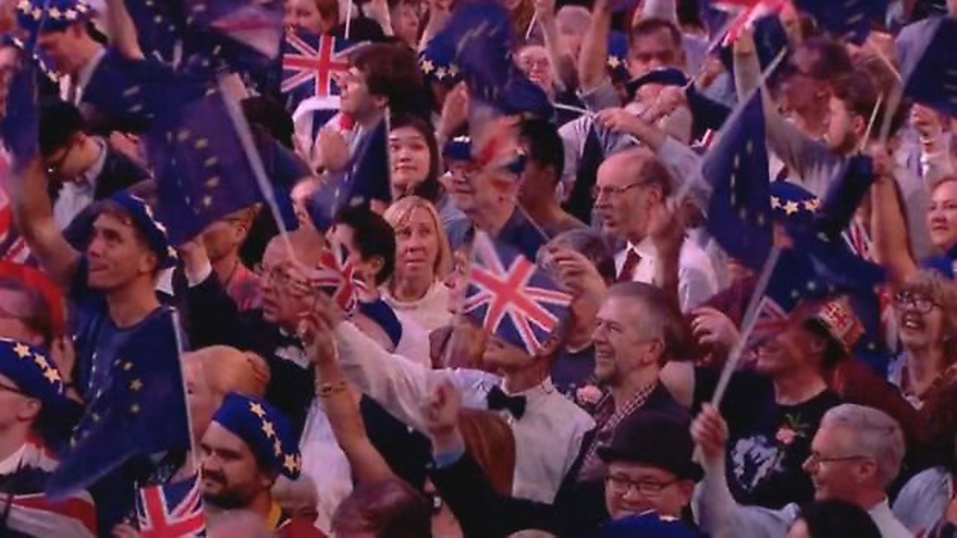 EU flags at the Last Night of the Proms. Photograph: BBC. - Credit: Archant
