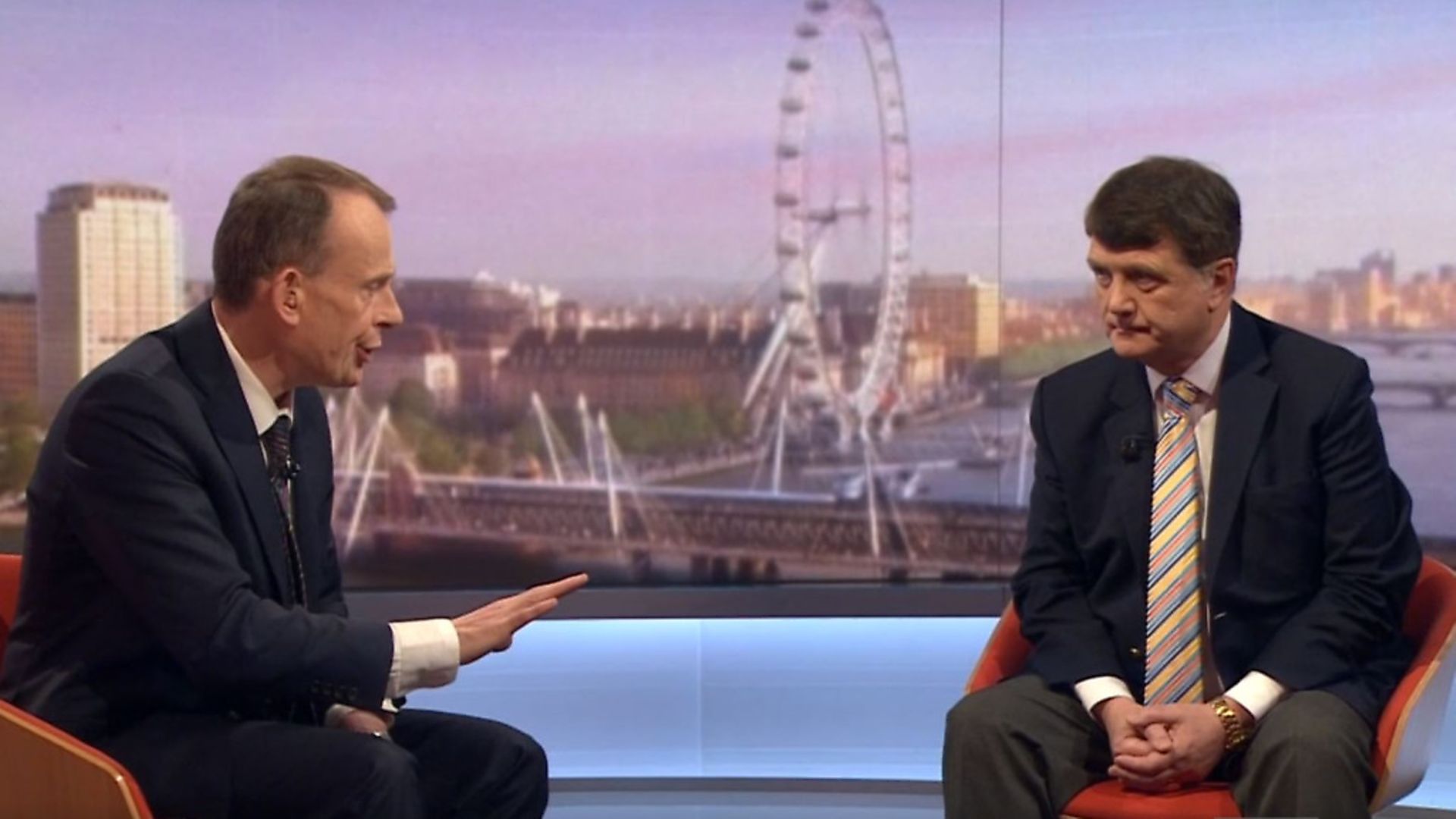 Gerard Batten (right) with host Andrew Marr appearing on theThe Andrew Marr Show. Photograph: BBC/PA. - Credit: PA