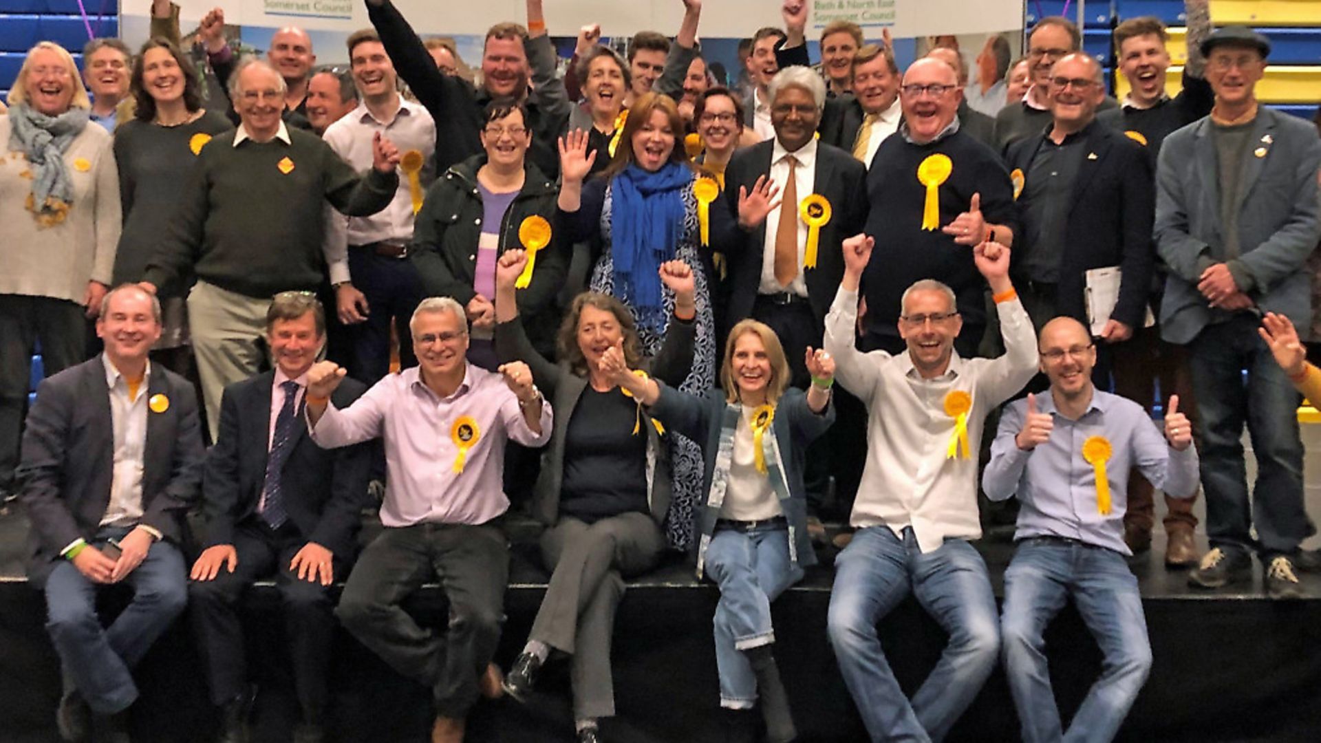 The Liberal Democrats celebrate winning control of Bath and North East Somerset Council from the Conservatives. Photograph: Aaron Chown/PA Wire. - Credit: PA