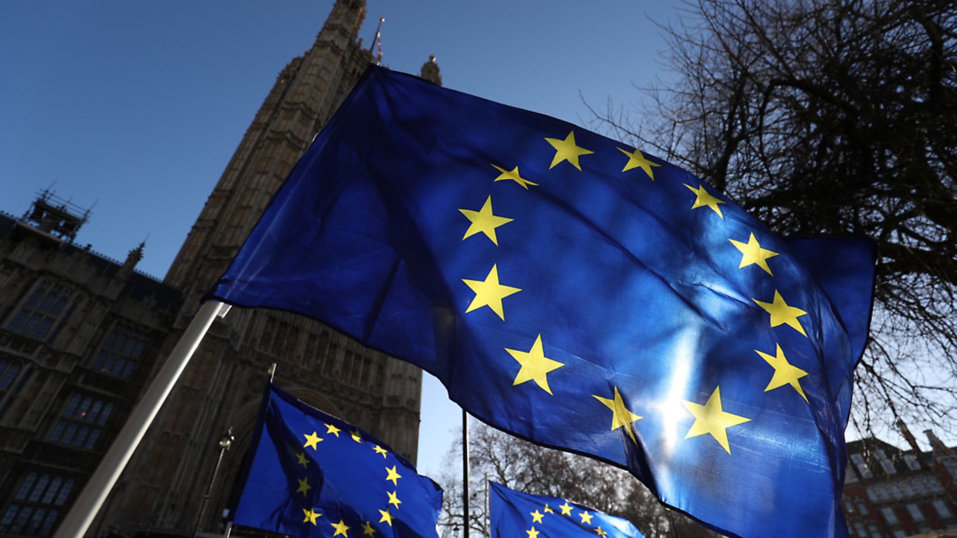 European flags placed by anti-Brexit campaigners outside the Houses of Parliament. Photograph: Jonathan Brady/PA. - Credit: PA Wire/PA Images