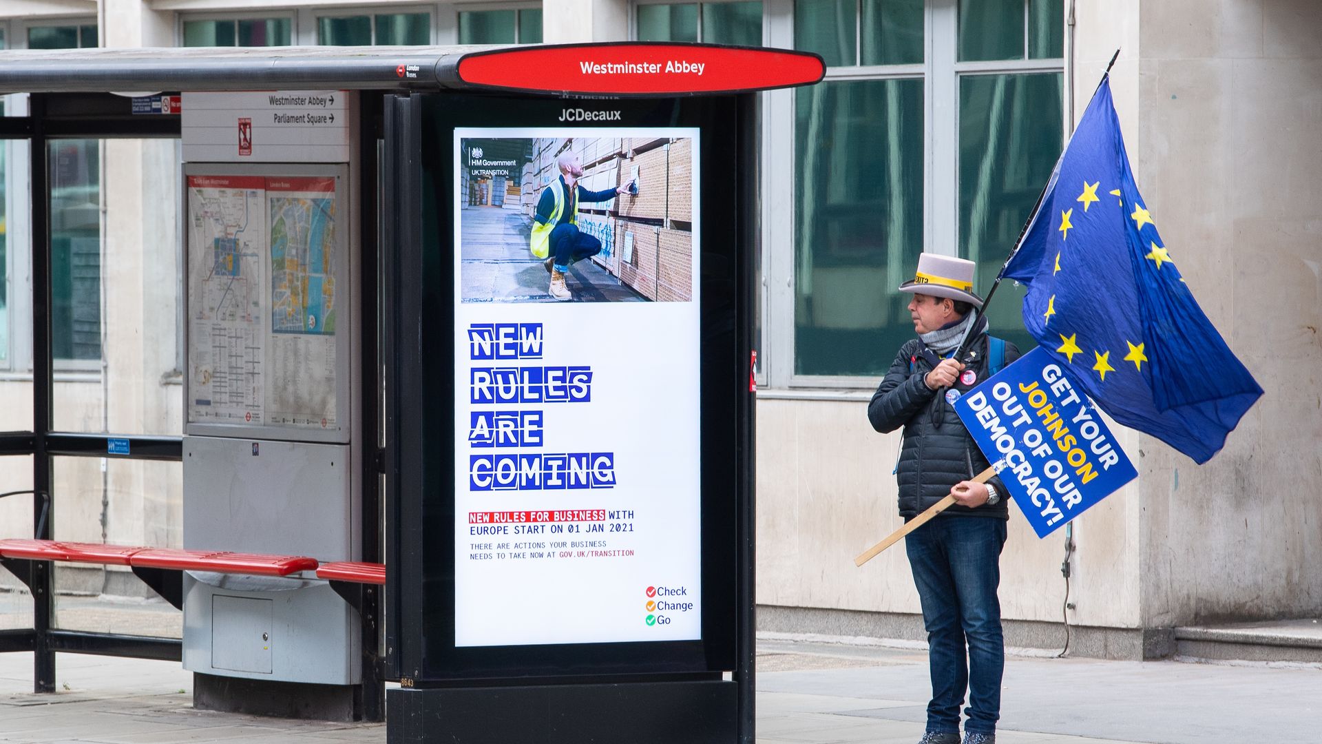 Pro-EU campaigner Steve Bray checks out the government's new Brexit advertisements - Credit: PA