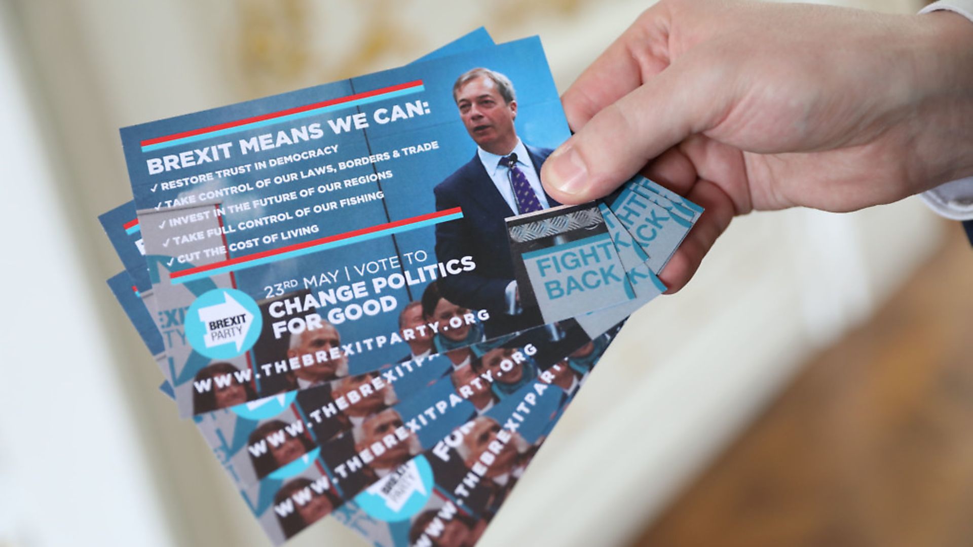 Propaganda from the Brexit Party. Photograph: Isabel Infantes/PA Wire - Credit: PA