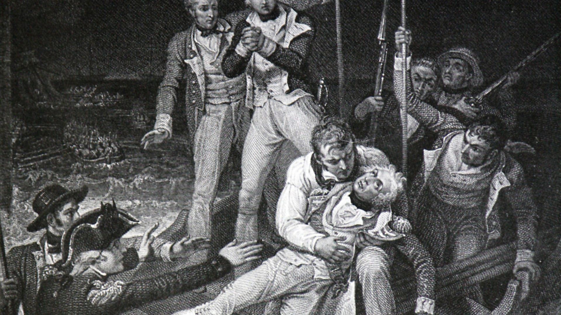 Nelson wounded at Tenerife, 24 July 1797. Engraving by J Neagle. A shot in the right elbow during the unsuccessful attack on Tenerife caused the amputation of Nelson's arm.. (Photo by Universal History Archive/Universal Images Group via Getty Images) - Credit: Universal Images Group via Getty