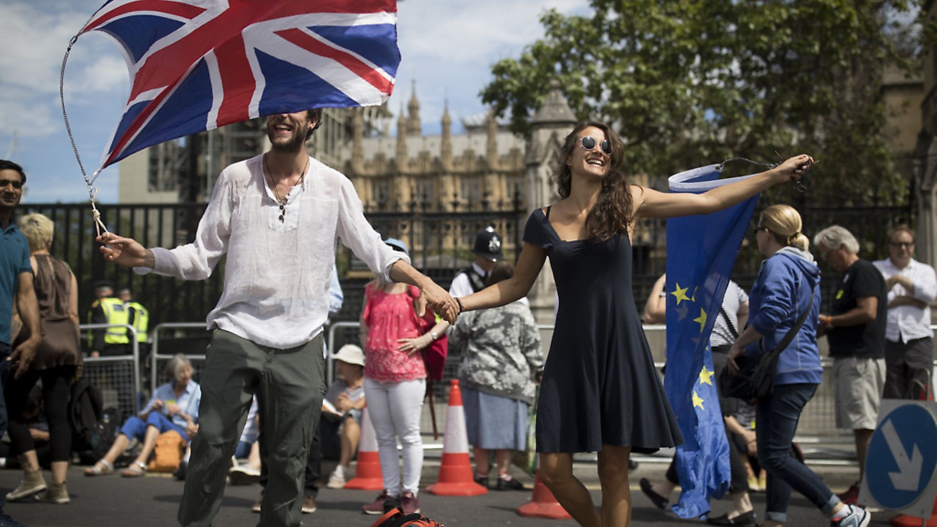 Protestors wave a Union Jack and European Union flag as they take part in the People's Vote demonstration against Brexit outside the Houses of Parliament. (Photo by Simon Dawson/Getty Images) - Credit: Getty Images