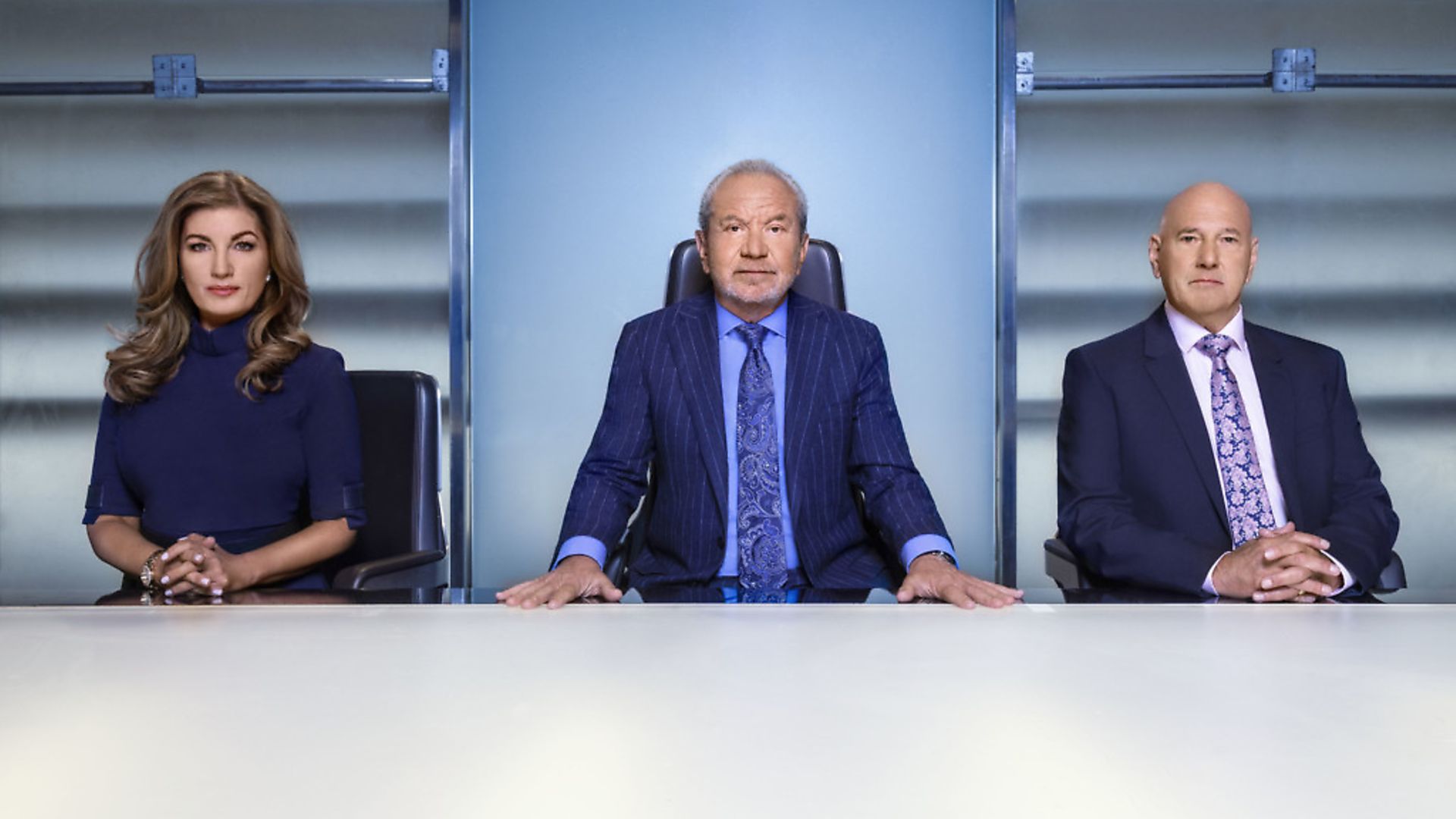 Karren Brady, Lord Sugar and Claude Littner in the boardroom ahead of this year's BBC One contest, The Apprentice. Photograph: BBC. - Credit: PA