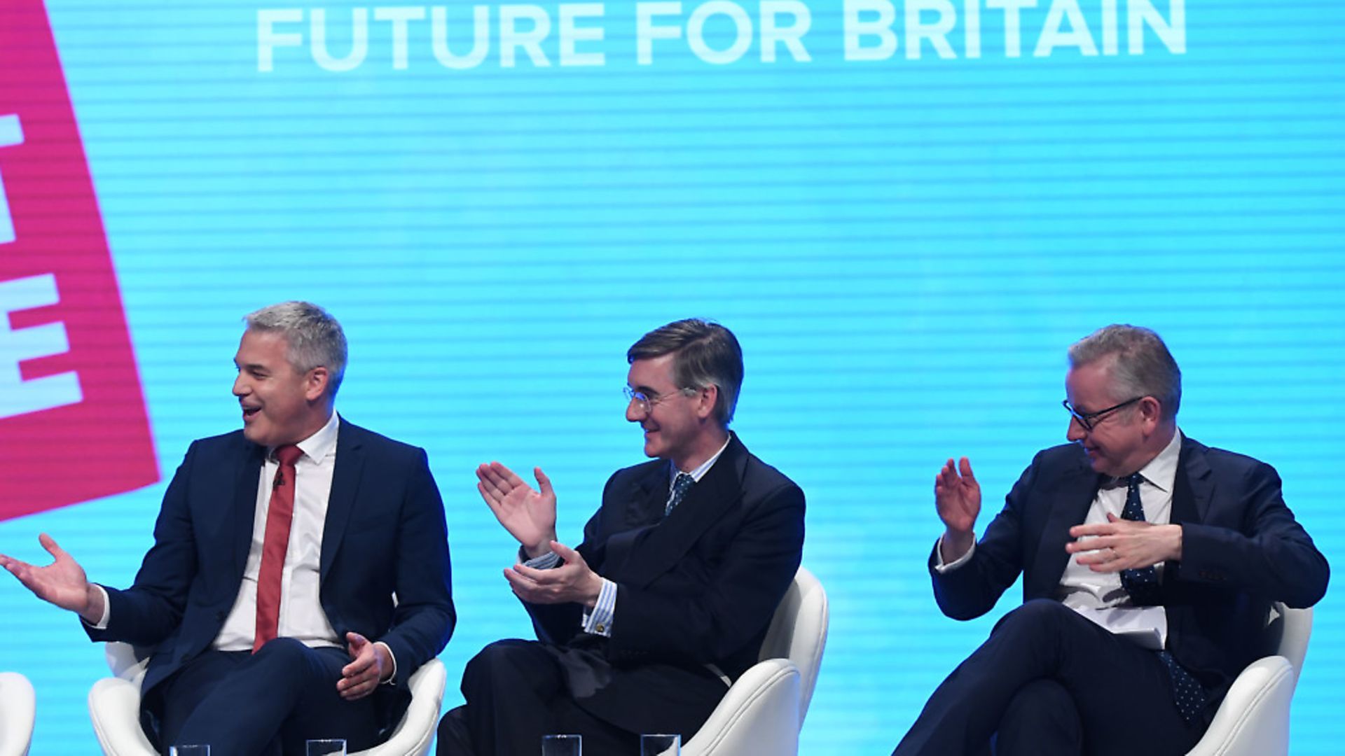 (left to right) Brexit secretary Stephen Barclay, Leader of the House of Commons Jacob Rees-Mogg  and Chancellor of the Duchy of Lancaster Michael Gove on stage at the Conservative Party Conference. Photograph: Stefan Rousseau/PA Wire. - Credit: PA