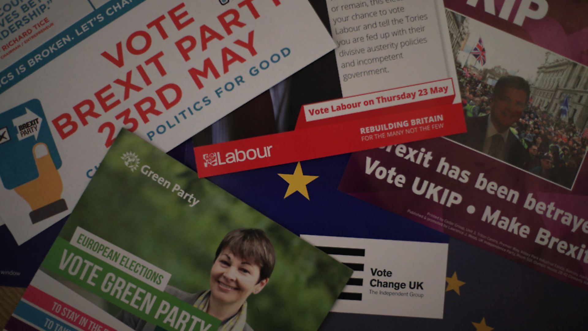 Election campaign literature from the Brexit Party, Labour, the Green Party, Change UK and UKIP, for the European Parliament elections. Photograph: Yui Mok/PA. - Credit: PA Wire/PA Images