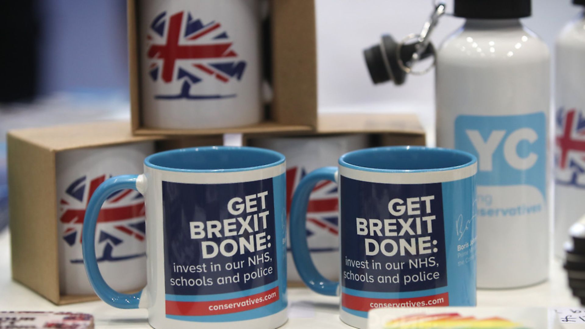'Get Brexit done' mugs are being sold at the Conservative Party Conference. Photograph: Danny Lawson/PA. - Credit: PA Wire/PA Images