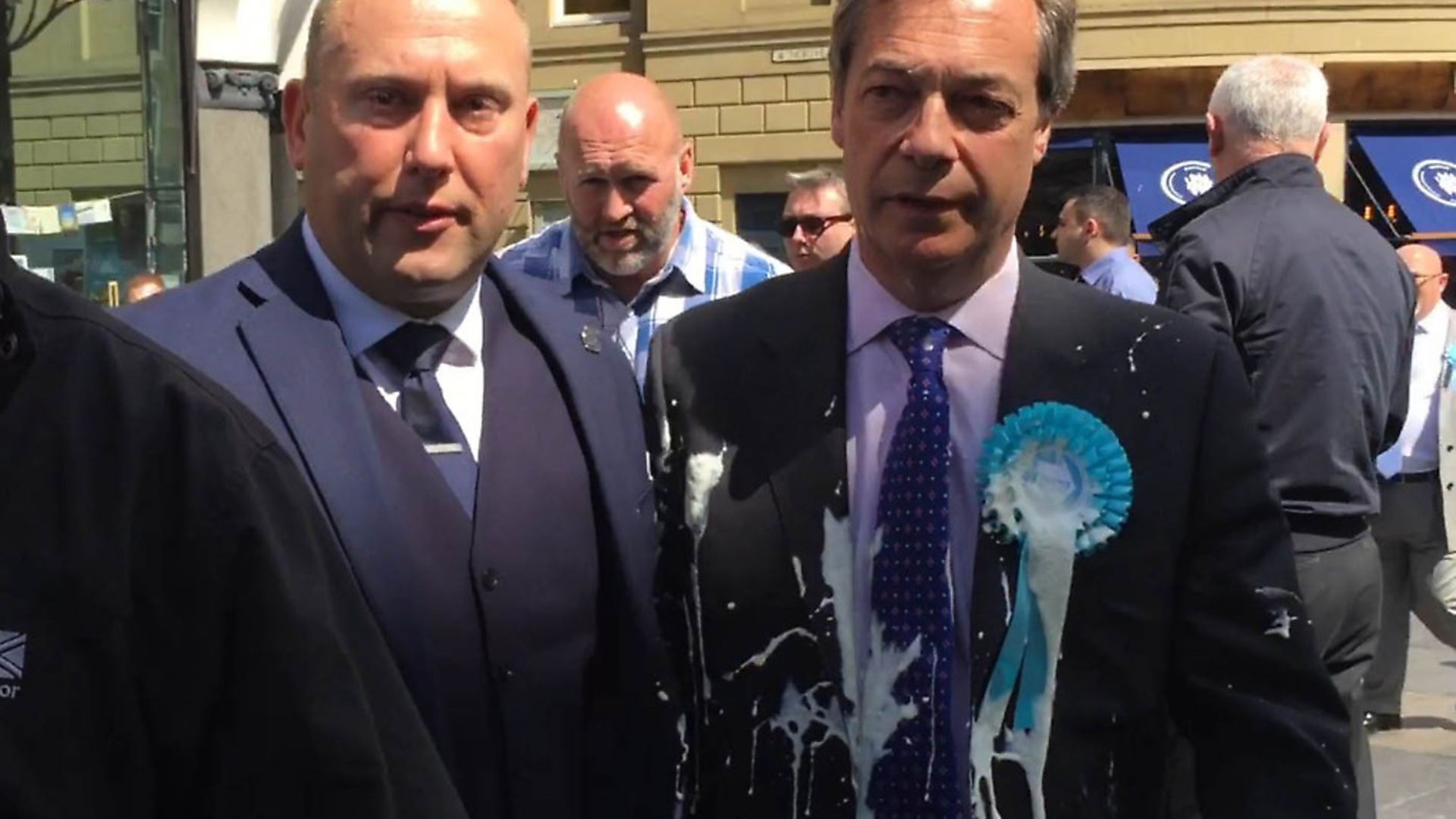 Nigel Farage after he was doused in milkshake during a campaign walkabout in Newcastle. (Tom Wilkinson/PA). - Credit: PA Wire/PA Images