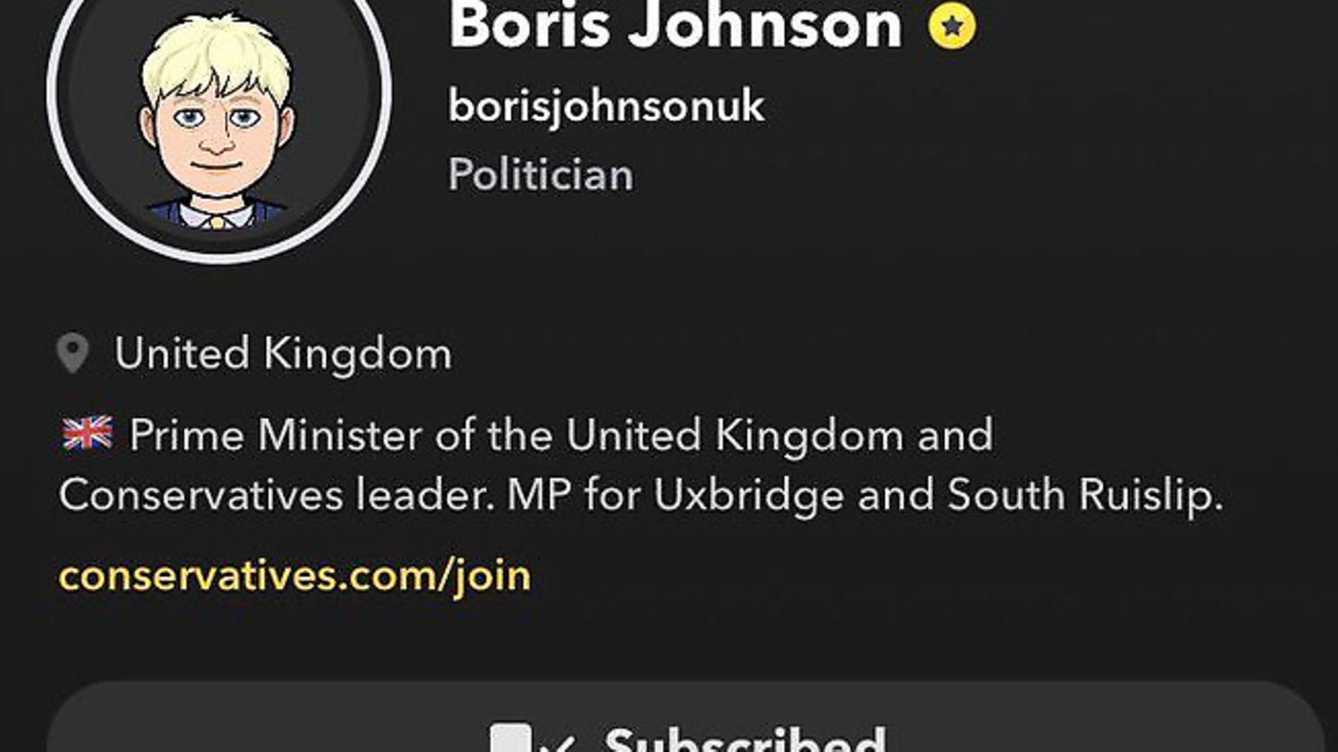 Boris Johnson's profile on Snapchat. Photograph: Snapchat. - Credit: Archant