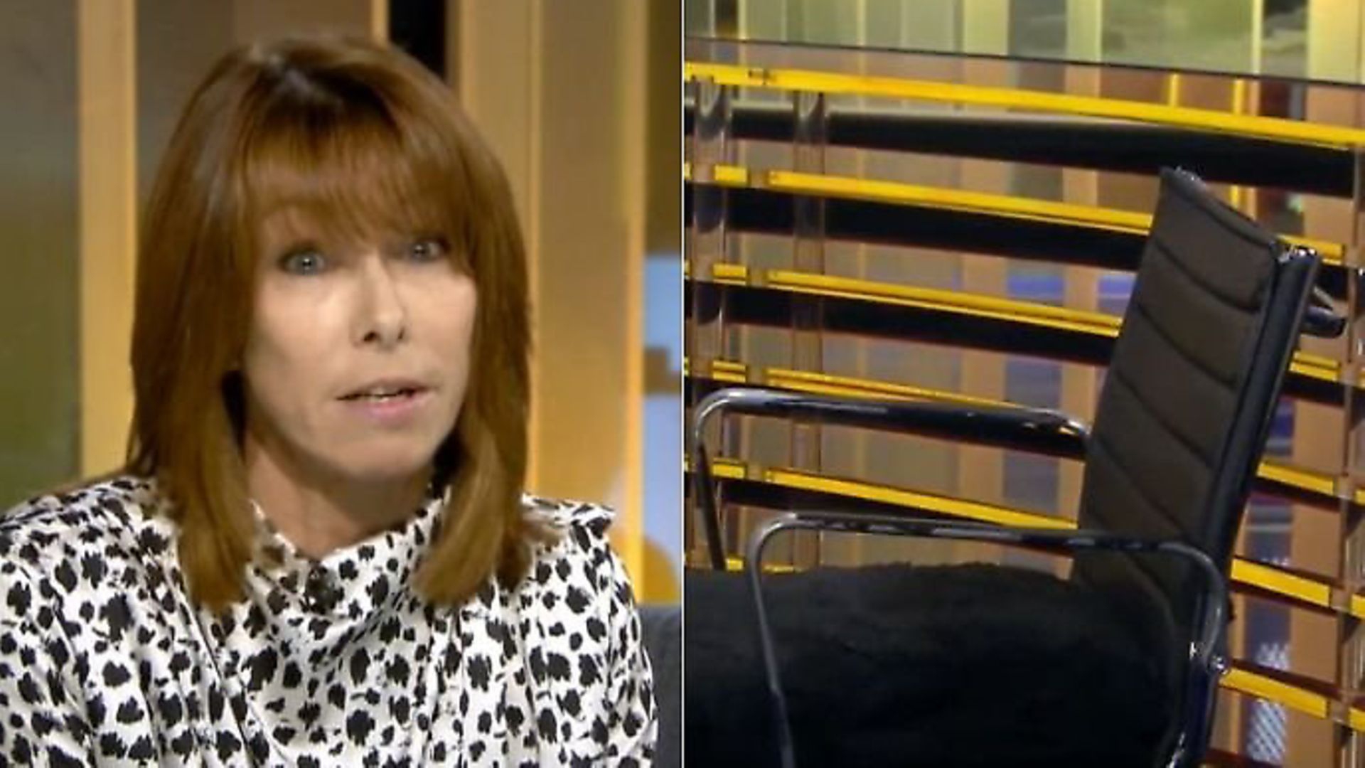Kay Burley and her empty chair on her breakfast television show. Photograph: Sky News. - Credit: Archant