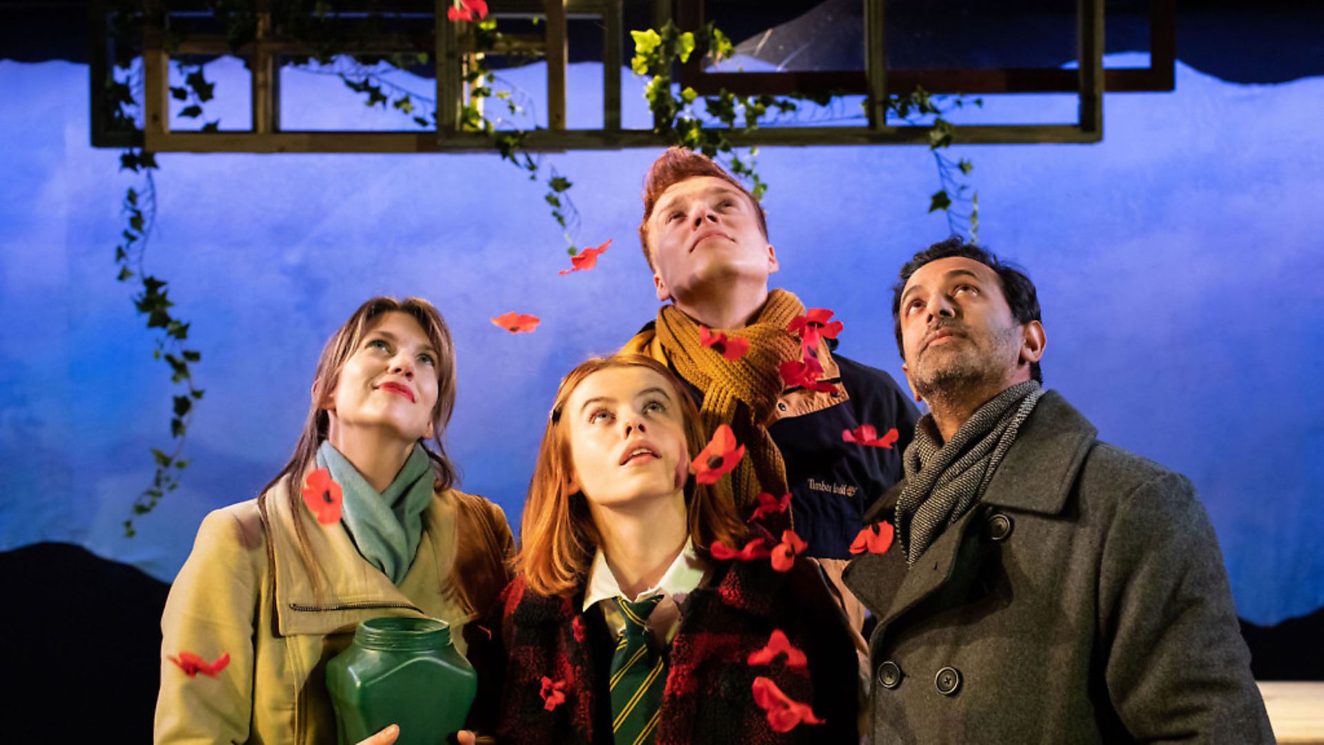 (Left to right) Claire Goose (Thea) Will Fletcher (Lenny) Rosie Day (Billie) Navin Chowdhry (Gil). The Girl Who Fell. Photo: Helen Maybanks - Credit: Helen Maybanks