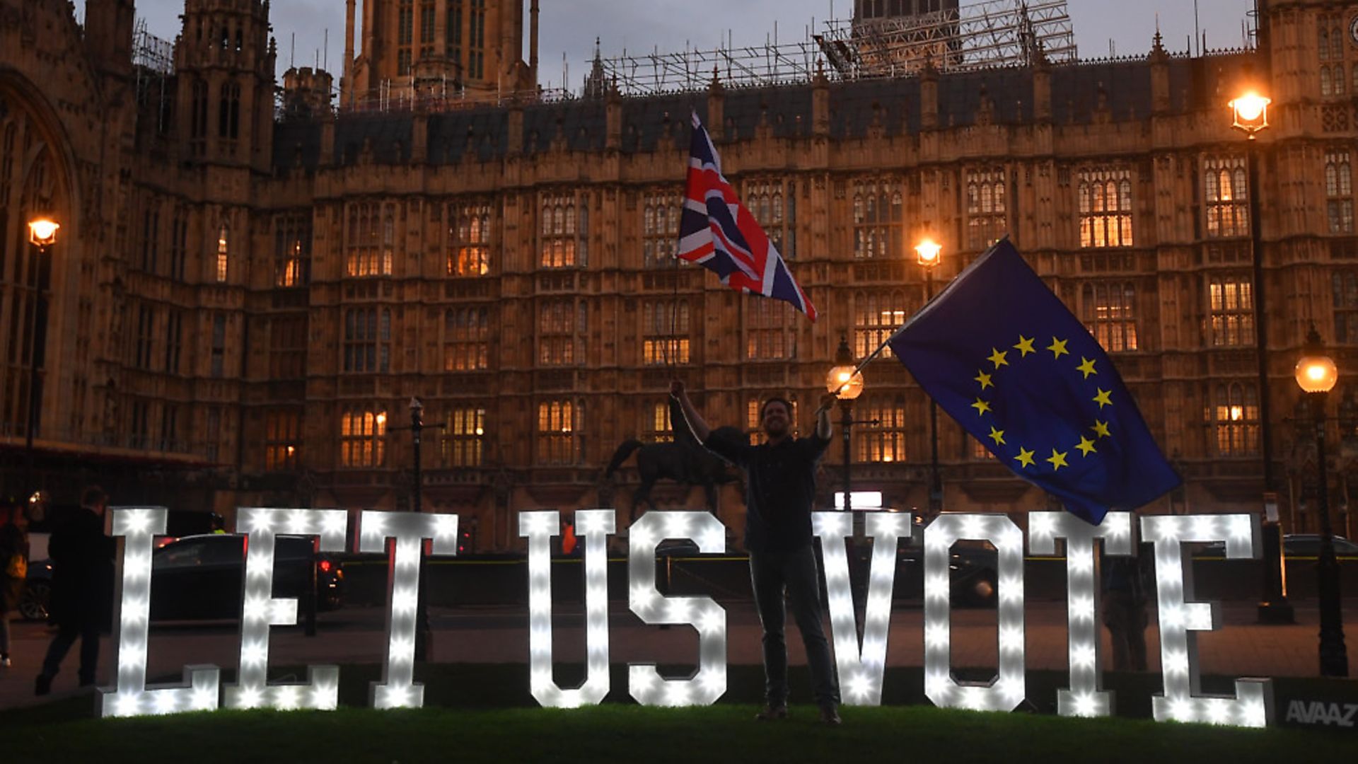 People's Vote campaigners outside the Houses of Parliament. Photograph: Victoria Jones/PA. - Credit: PA Archive/PA Images