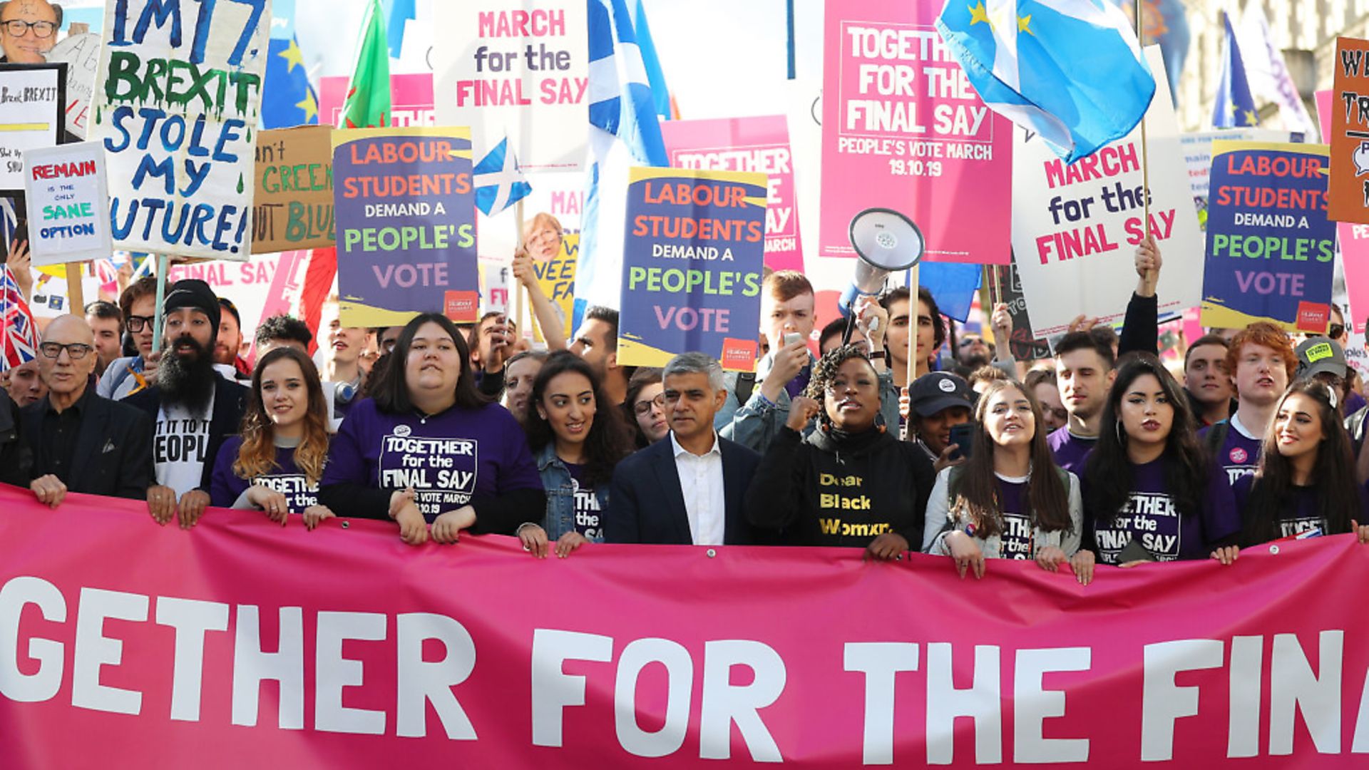 Sir Patrick Stewart (far left) and Mayor of London Sadiq Khan (centre) join young protesters at a People's Vote rally. Photograph: Andrew Matthews/PA. - Credit: PA Wire/PA Images