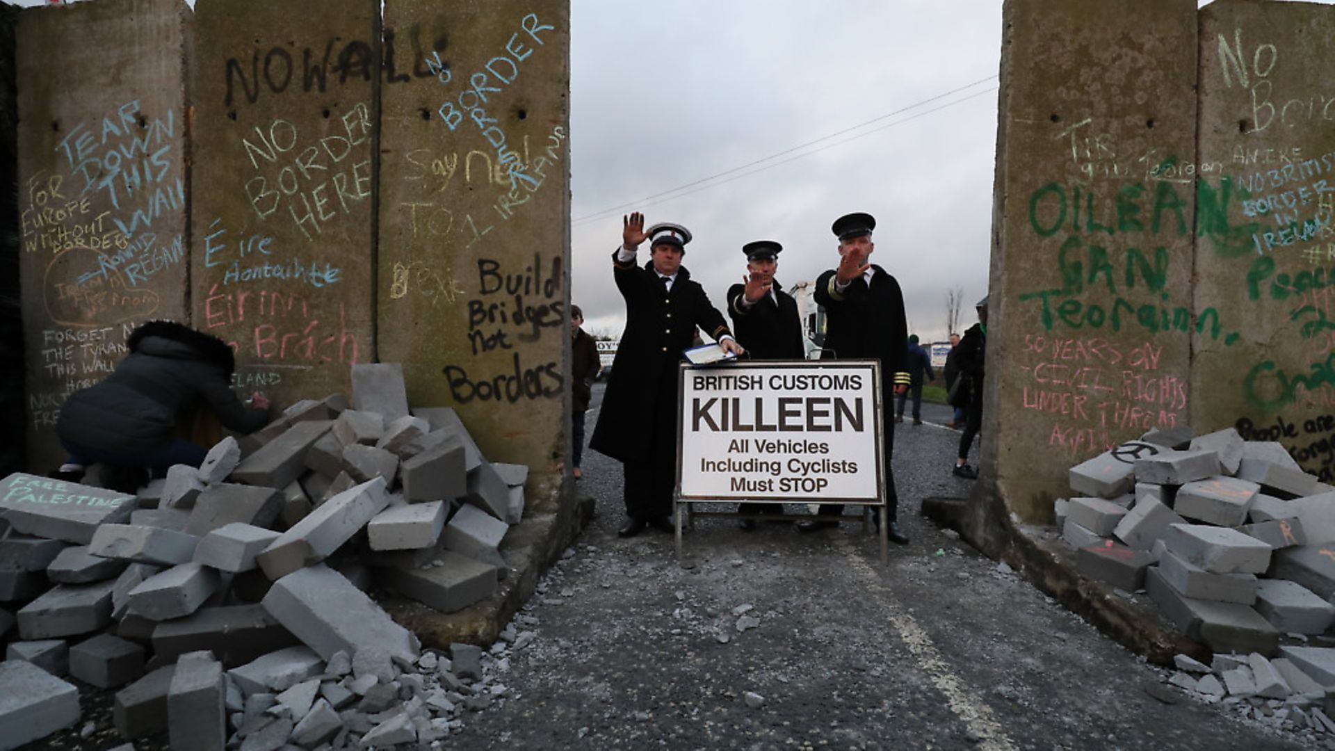 A mock checkpoint manned by actors dressed as customs officers constructed during an anti-Brexit rally at the Irish border near Carrickcarnan, Co Louth. Picture: PA/Brian Lawless - Credit: PA Wire/PA Images