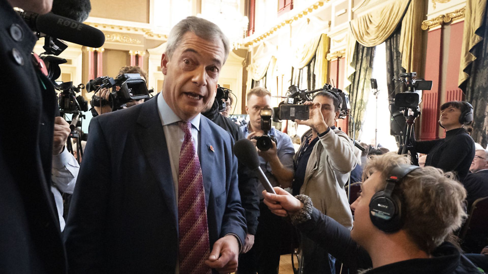 Brexit Party leader Nigel Farage answers media questions. Photograph: Owen Humphreys/PA Wire. - Credit: PA