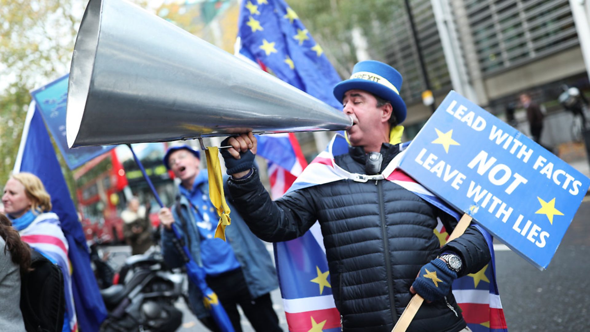 Anti-Brexit protestor Steve Bray outside a Brexit Party meeting. Photograph: Yui Mok/PA. - Credit: PA Wire/PA Images