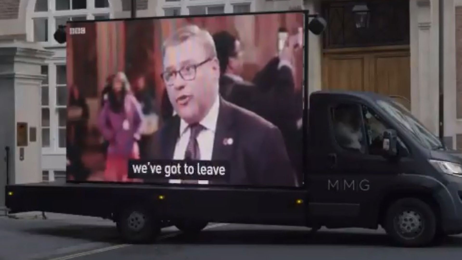 A clip of Mark Francois is played outside Tory Party HQ. Photograph: Twitter. - Credit: Archant