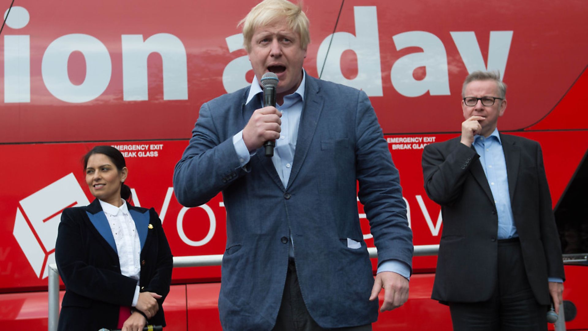 Boris Johnson speaks at a rally with Priti Patel and Michael Gove (right) in front of the Vote Leave bus. Photograph: Stefan Rousseau/PA. - Credit: PA Archive/PA Images