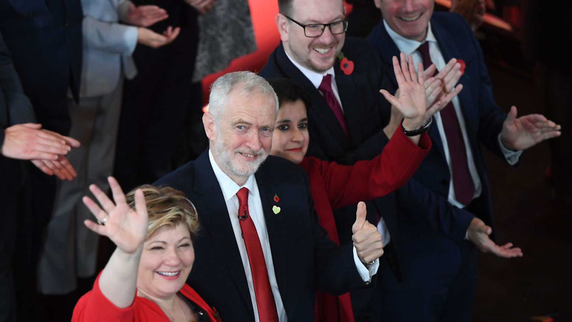 (left to right) Emily Thornberry, Labour Leader Jeremy Corbyn, Andrew Gwynne and Keir Starmer kick off the Labour Party's General Election campaign at the Battersea Arts Centre, London. Photograph: Stefan Rousseau/PA Wire. - Credit: PA