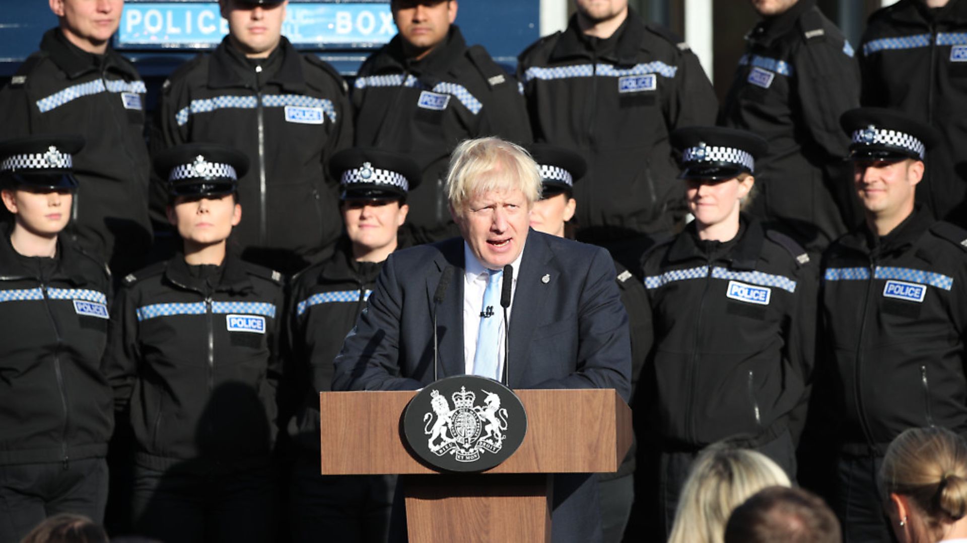 Boris Johnson delivers a speech in front of police officers in West Yorkshire. Photograph: Danny Lawson/PA. - Credit: PA Wire/PA Images