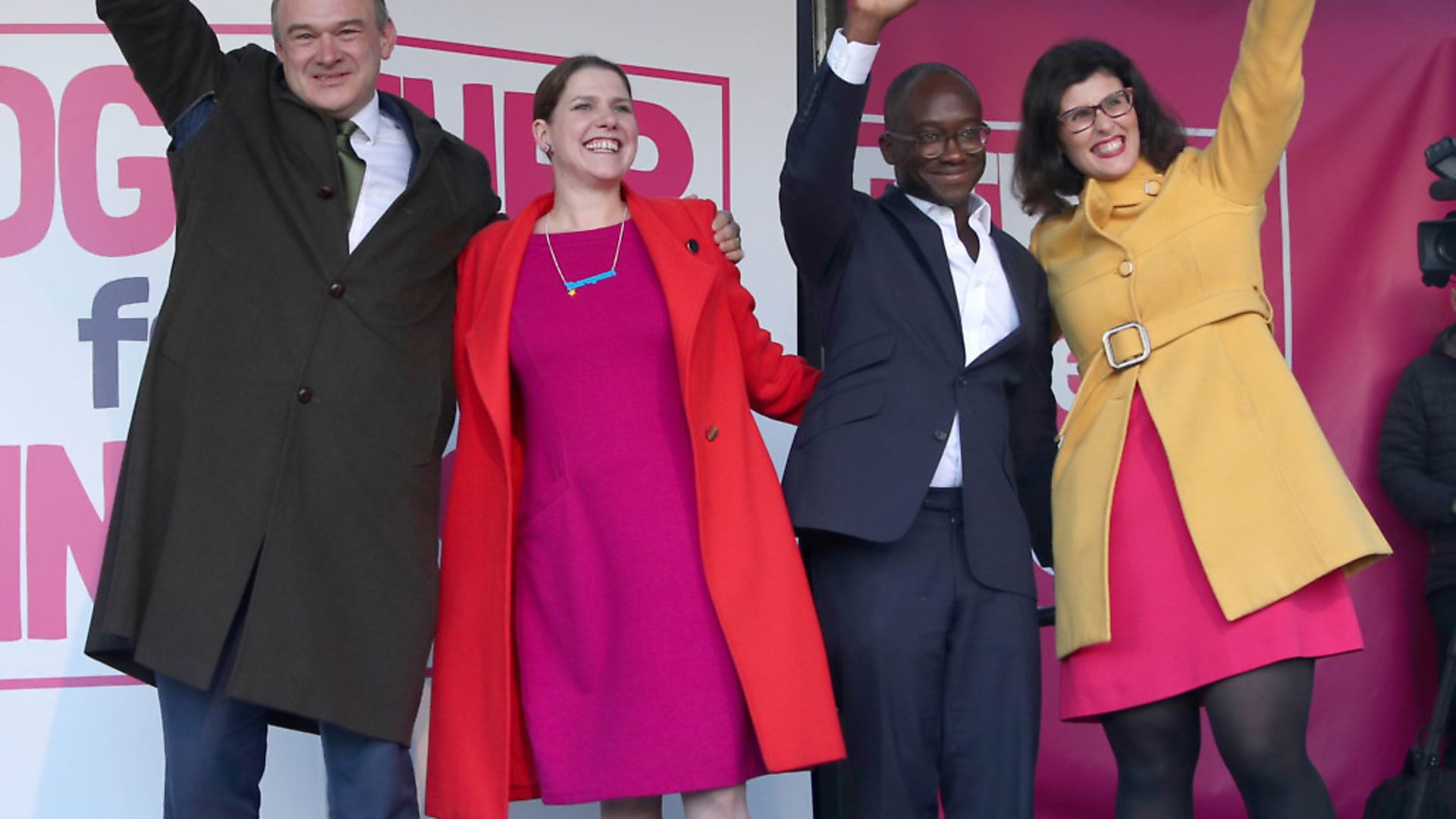 Sir Ed Davey, Liberal Democrat leader Jo Swinson and Liberal Democrat MPs Sam Gyimah and Layla Moran, on stage during a People's Vote rally. Photograph: Yui Mok/PA. - Credit: PA Wire/PA Images