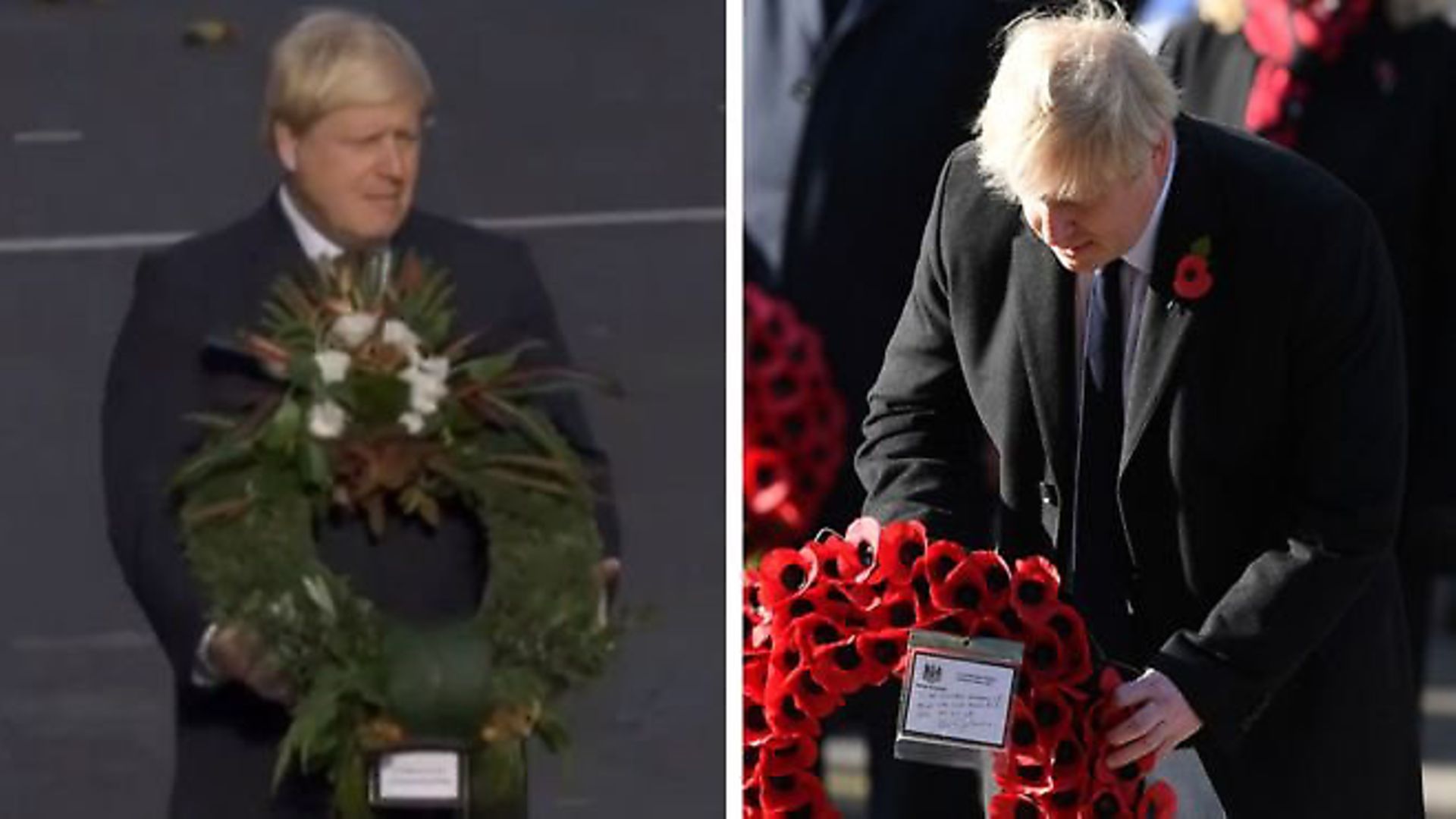 Boris Johnson with his wreath at the cenotaph. Photo: Getty Images and BBC - Credit: Getty Images and BBC