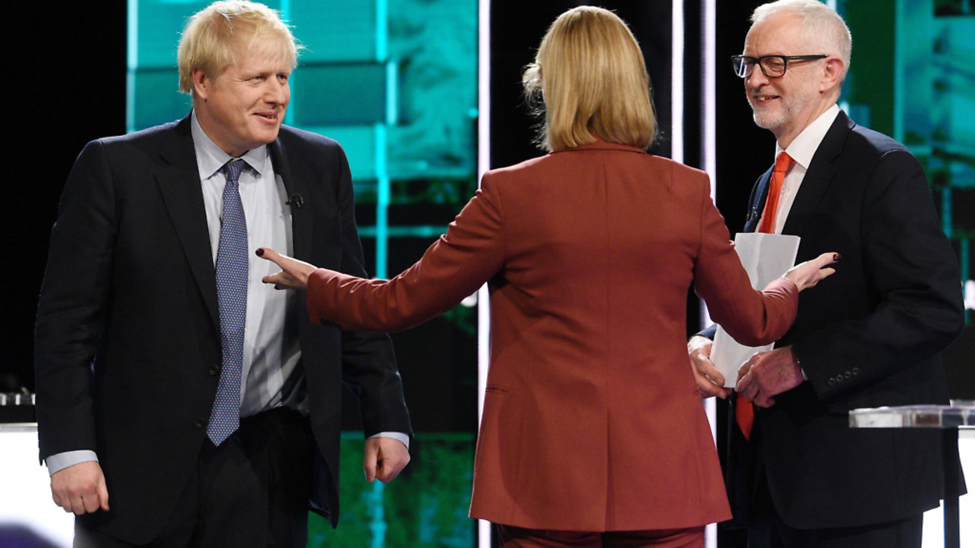 ITV newscaster Julie Etchingham, Boris Johnson and Jeremy Corbyn after the election head-to-head debate. Photograph: ITV/PA Wire. - Credit: PA