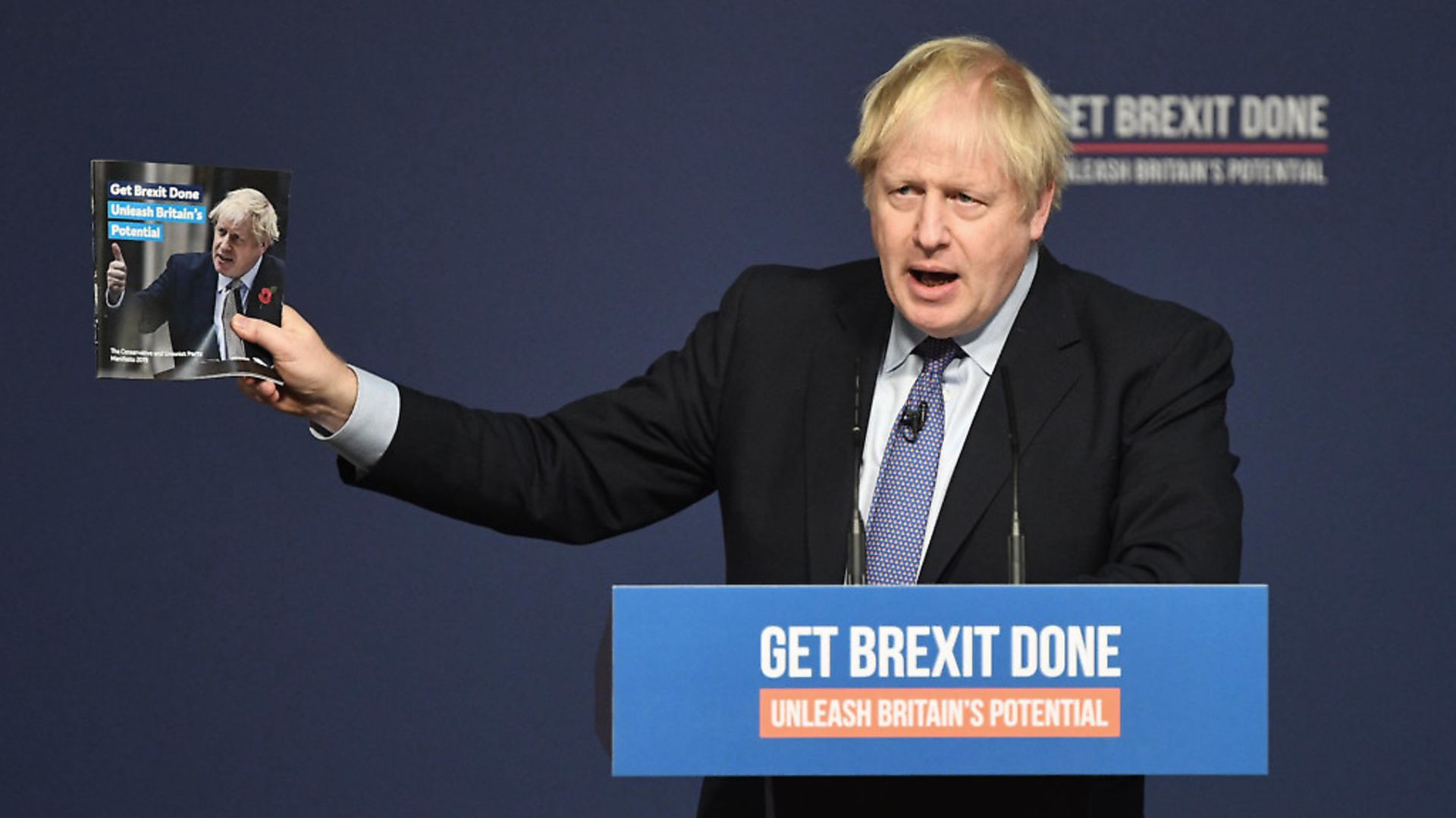 Boris Johnson at the launch of his party's general election manifesto in Telford, West Midlands. Photograph: Stefan Rousseau/PA Wire. - Credit: PA