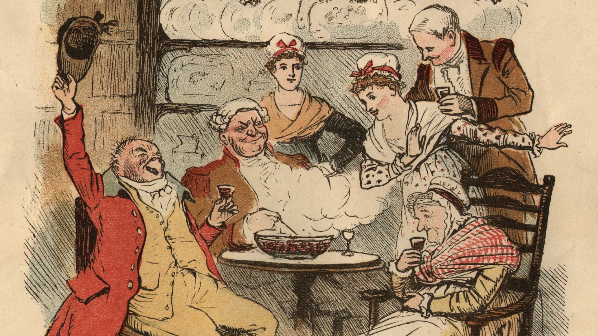 In image from around 1800 depicting the Christmas custom of wassailing, drinking, revelling and singing carols from house to house - Credit: Getty Images