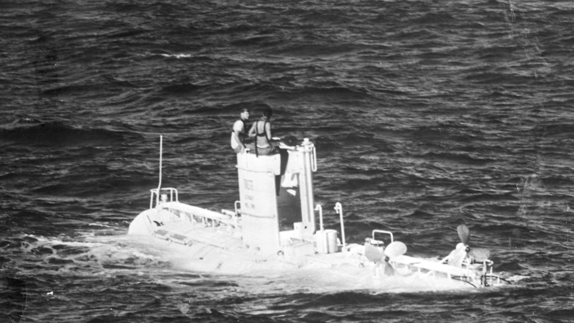The US Navy's bathyscaphe Trieste rides on the surface of the Pacific Ocean near here, Nov. 17th, after descending to a record depth of 18,600 feet in the Marianas Trench. Credit: Bettmann Archive