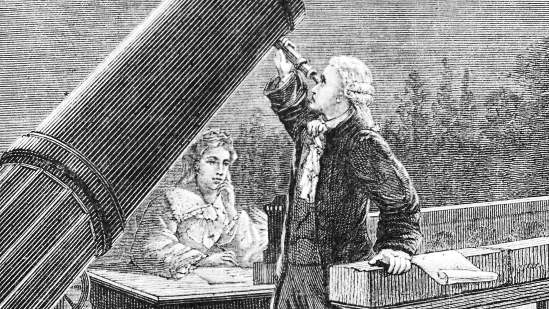 (Original Caption) William Herschel (1738-1822), famous astronomer discovering the planet Uranus. He is assisted by his sister, Caroline Lucretia (1750-1848). - Credit: Bettmann Archive